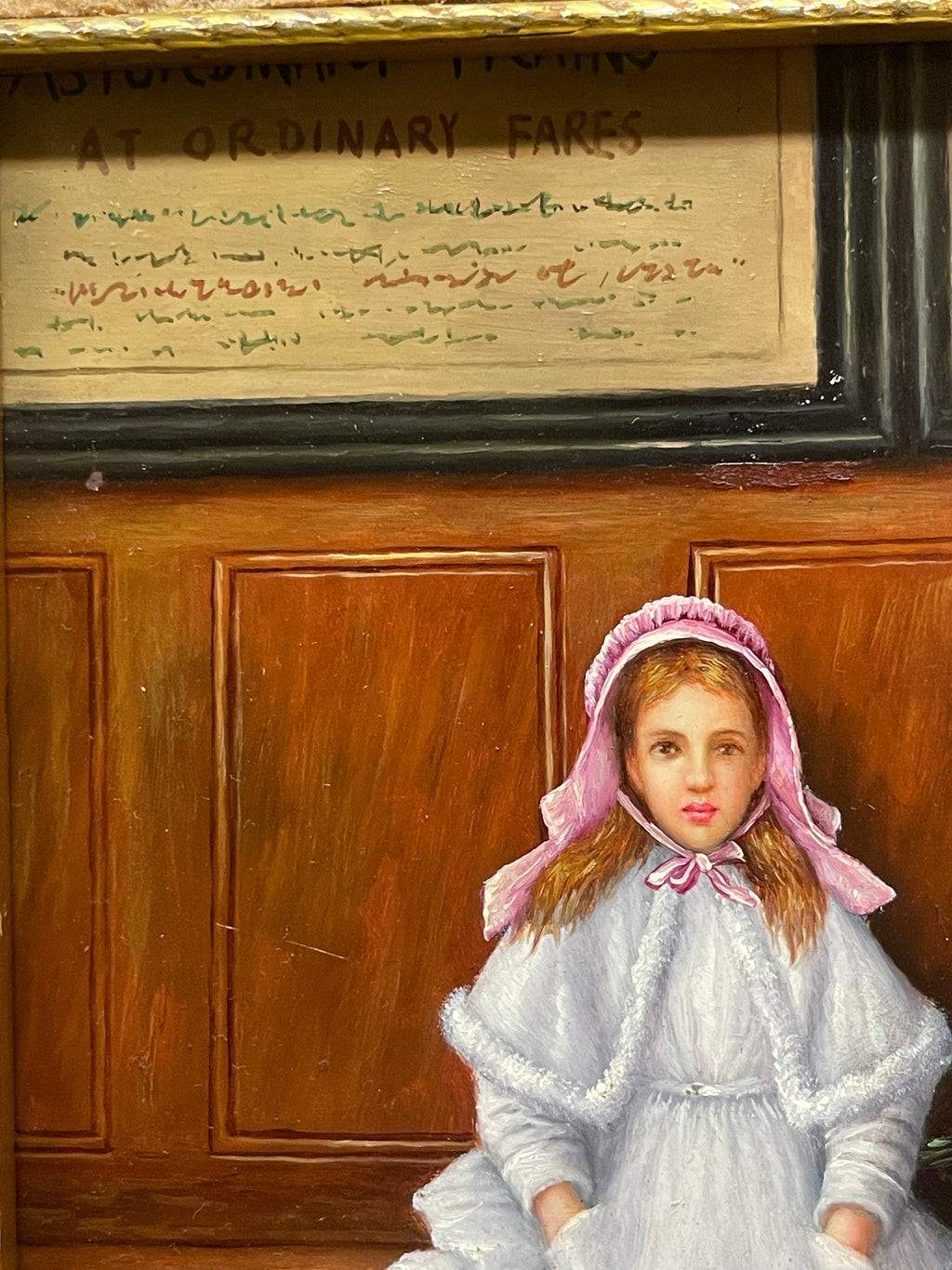 An Oil on Board Painting Depicting a Seated Young Girl at a Train Station