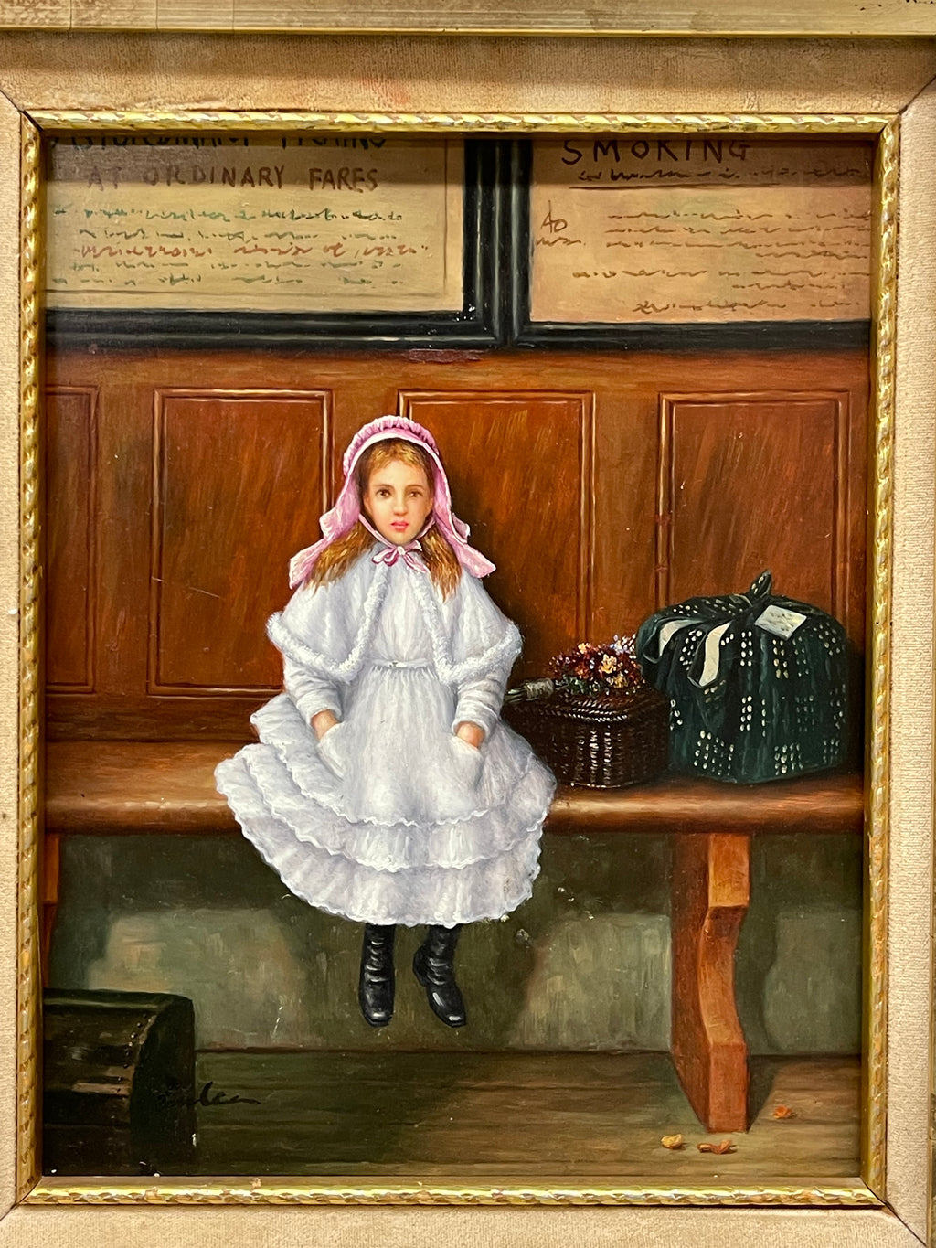 An Oil on Board Painting Depicting a Seated Young Girl at a Train Station