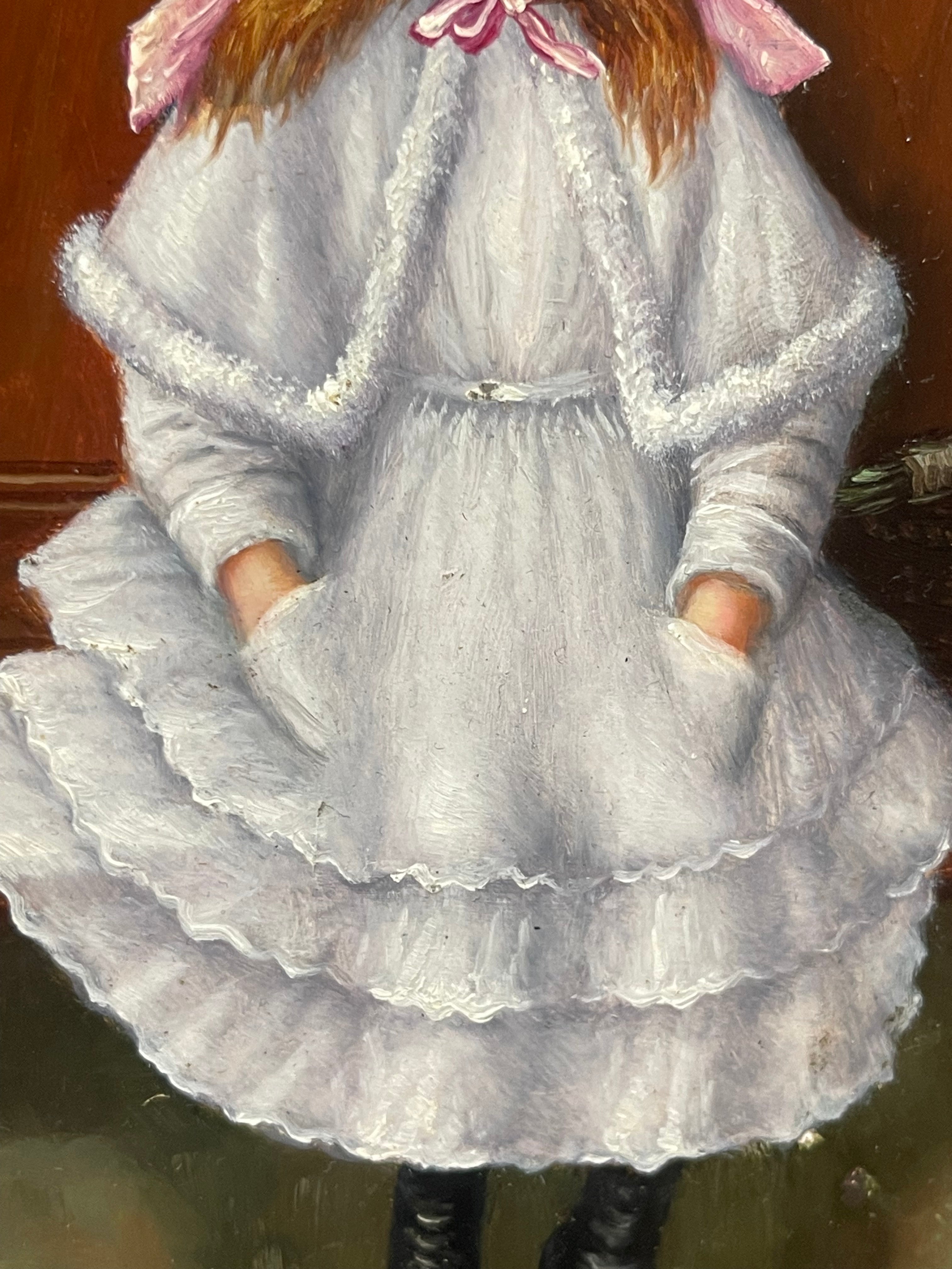 An Oil on Board Painting Depicting a Seated Young Girl at a Train Station