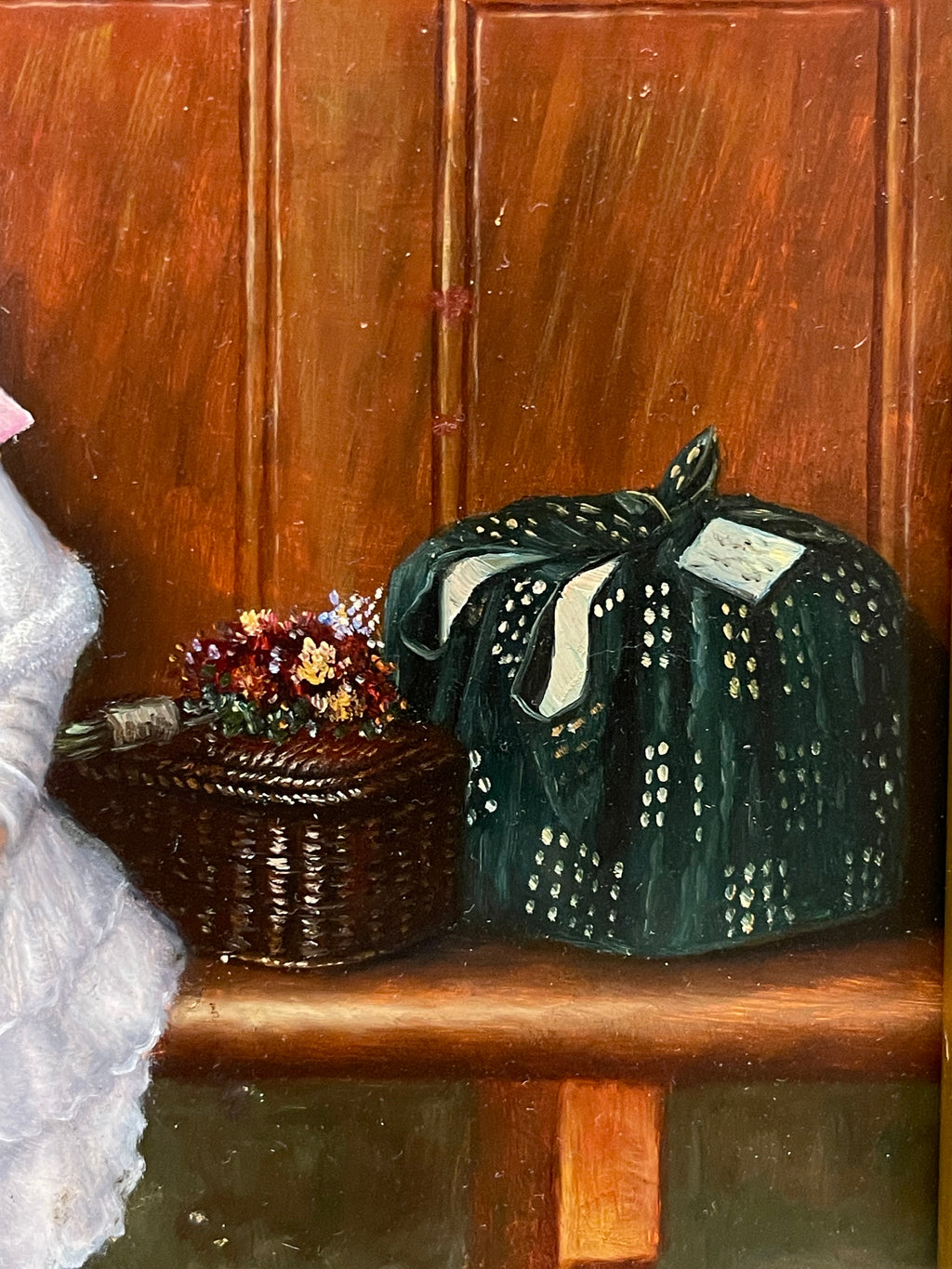 An Oil on Board Painting Depicting a Seated Young Girl at a Train Station