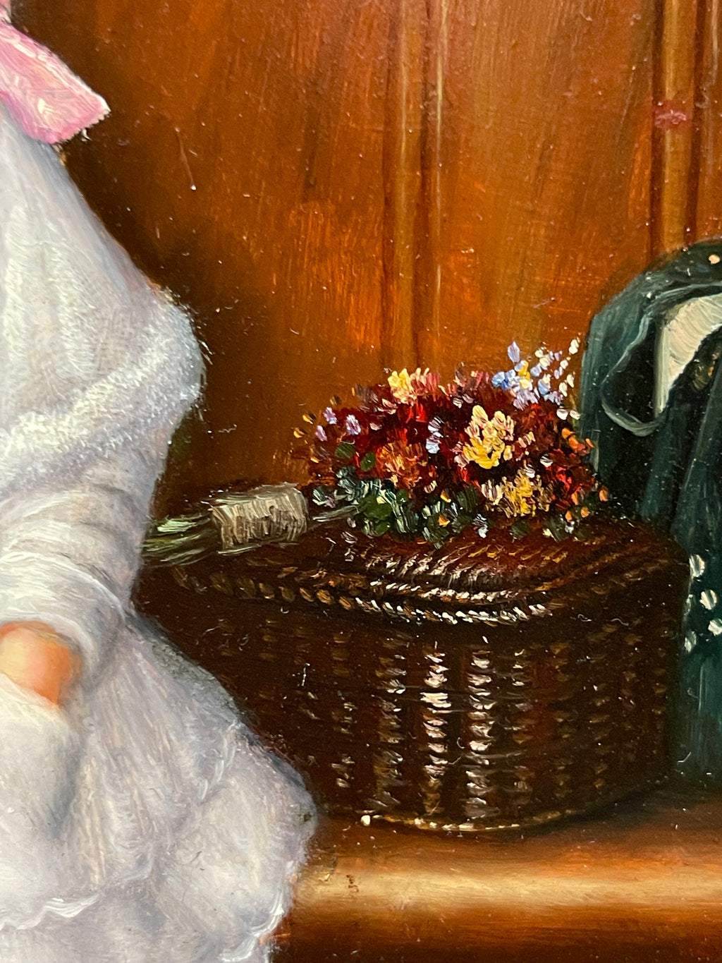 An Oil on Board Painting Depicting a Seated Young Girl at a Train Station