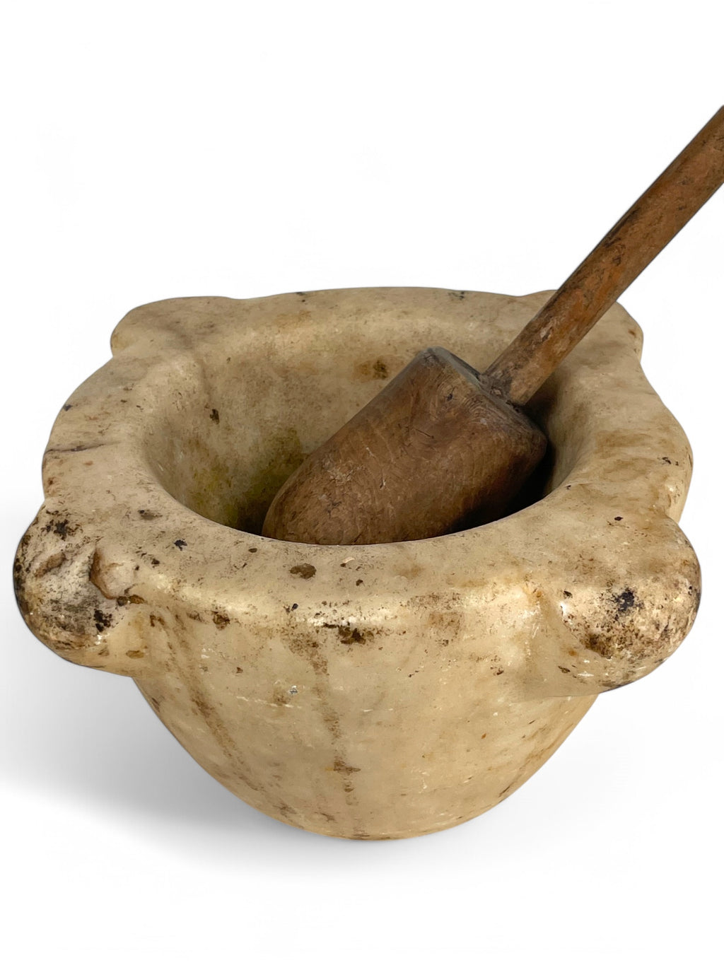 An 18th Century Italian Carved White Marble Mortar & Wooden Pestle