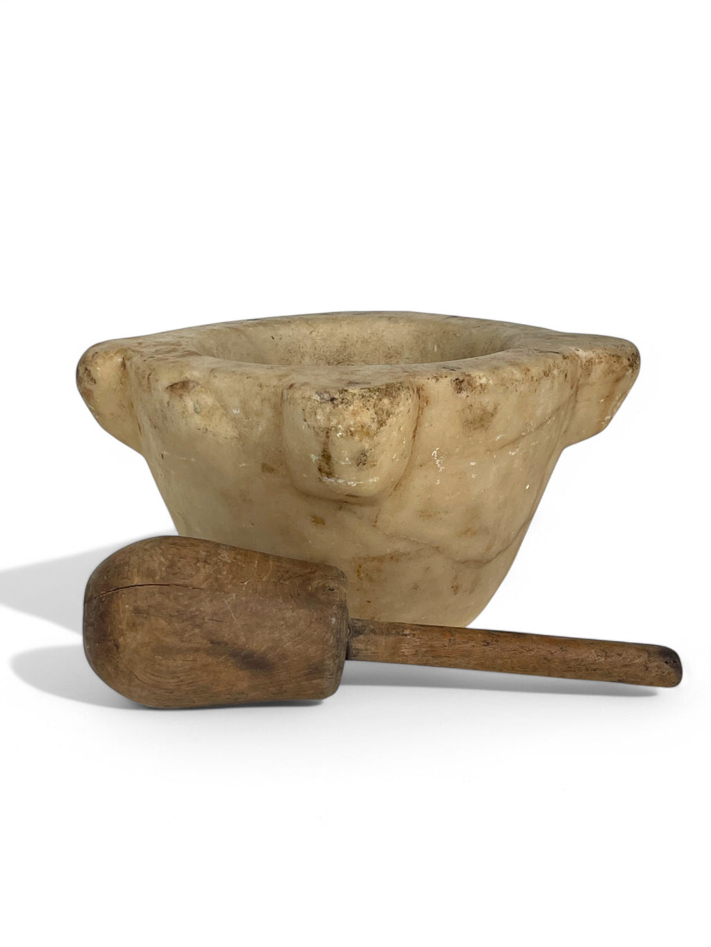 An 18th Century Italian Carved White Marble Mortar & Wooden Pestle