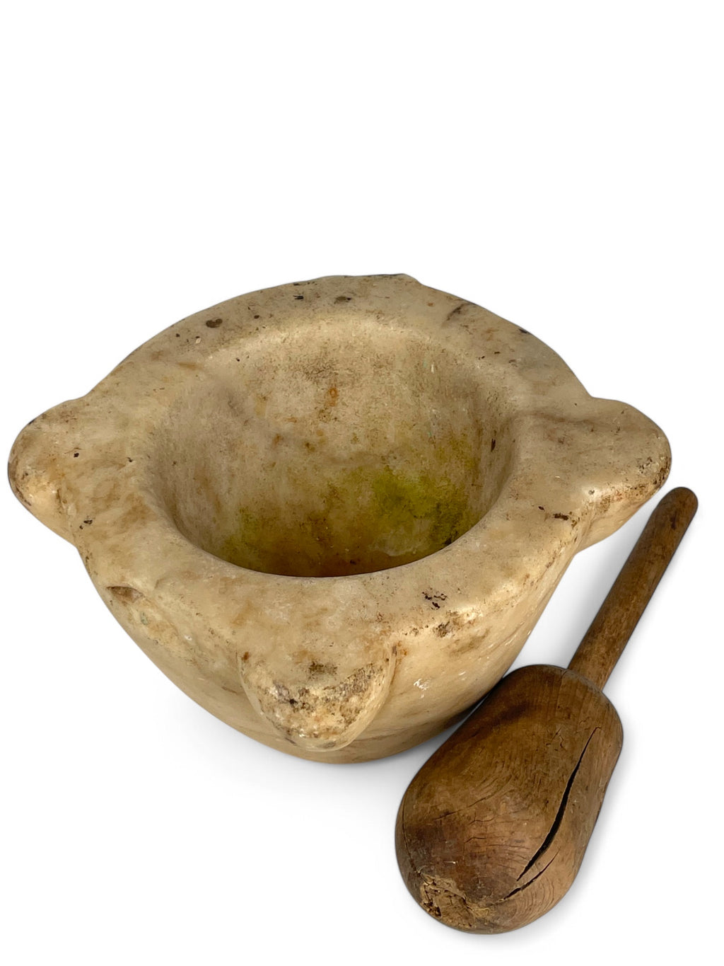 An 18th Century Italian Carved White Marble Mortar & Wooden Pestle