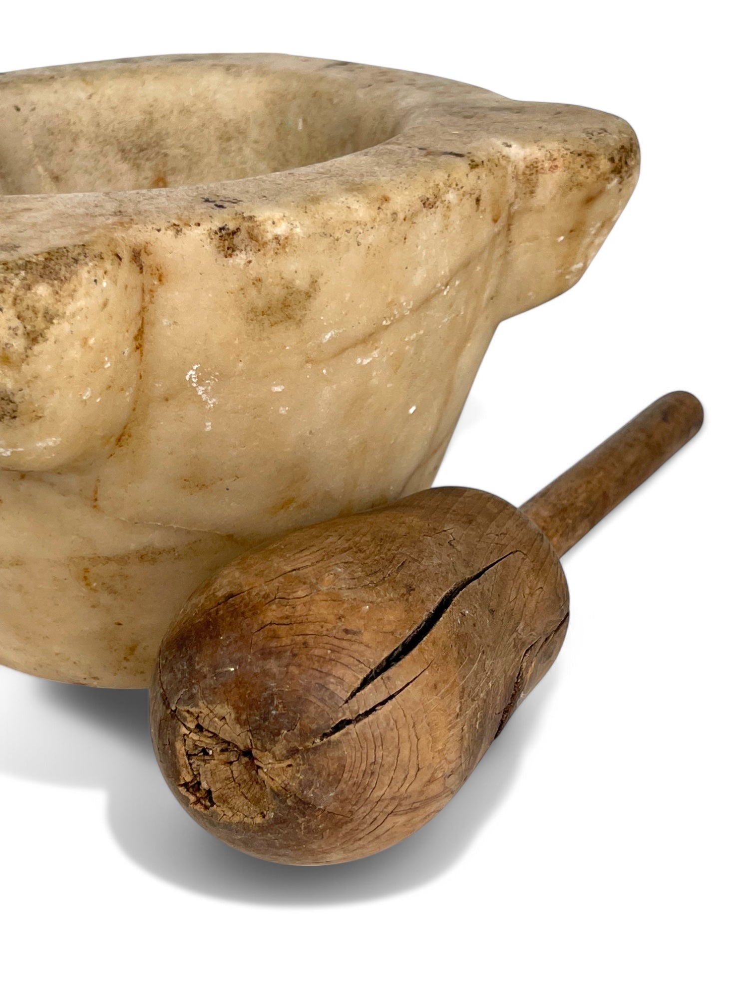 An 18th Century Italian Carved White Marble Mortar & Wooden Pestle