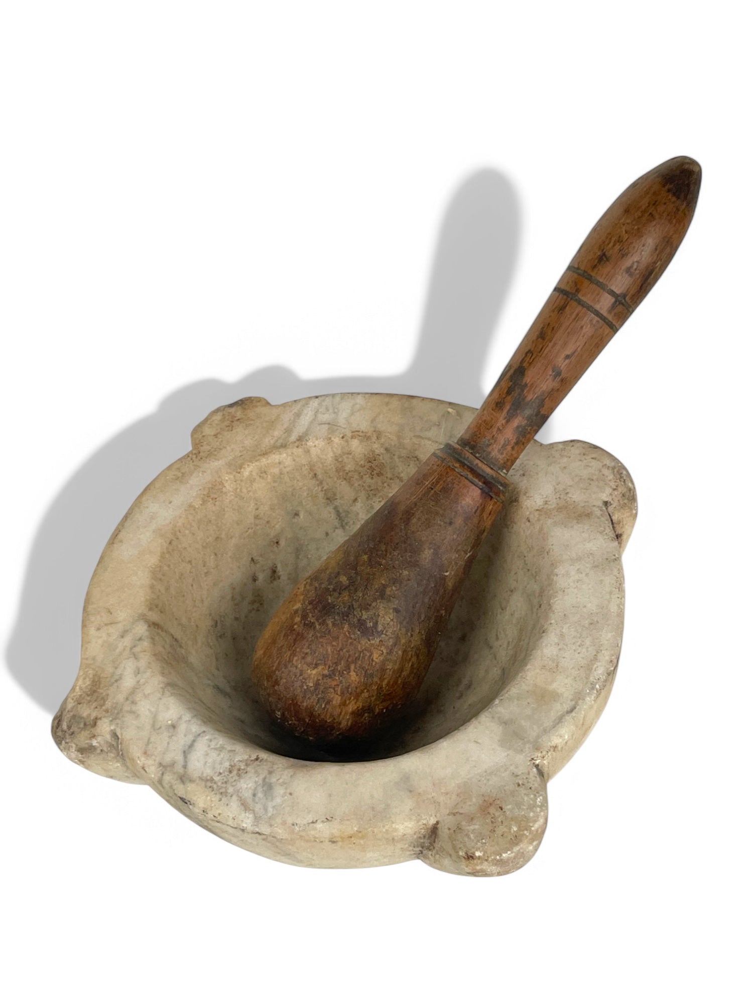 A Large 18th Century Italian Carved White Marble Mortar & Wooden Pestle