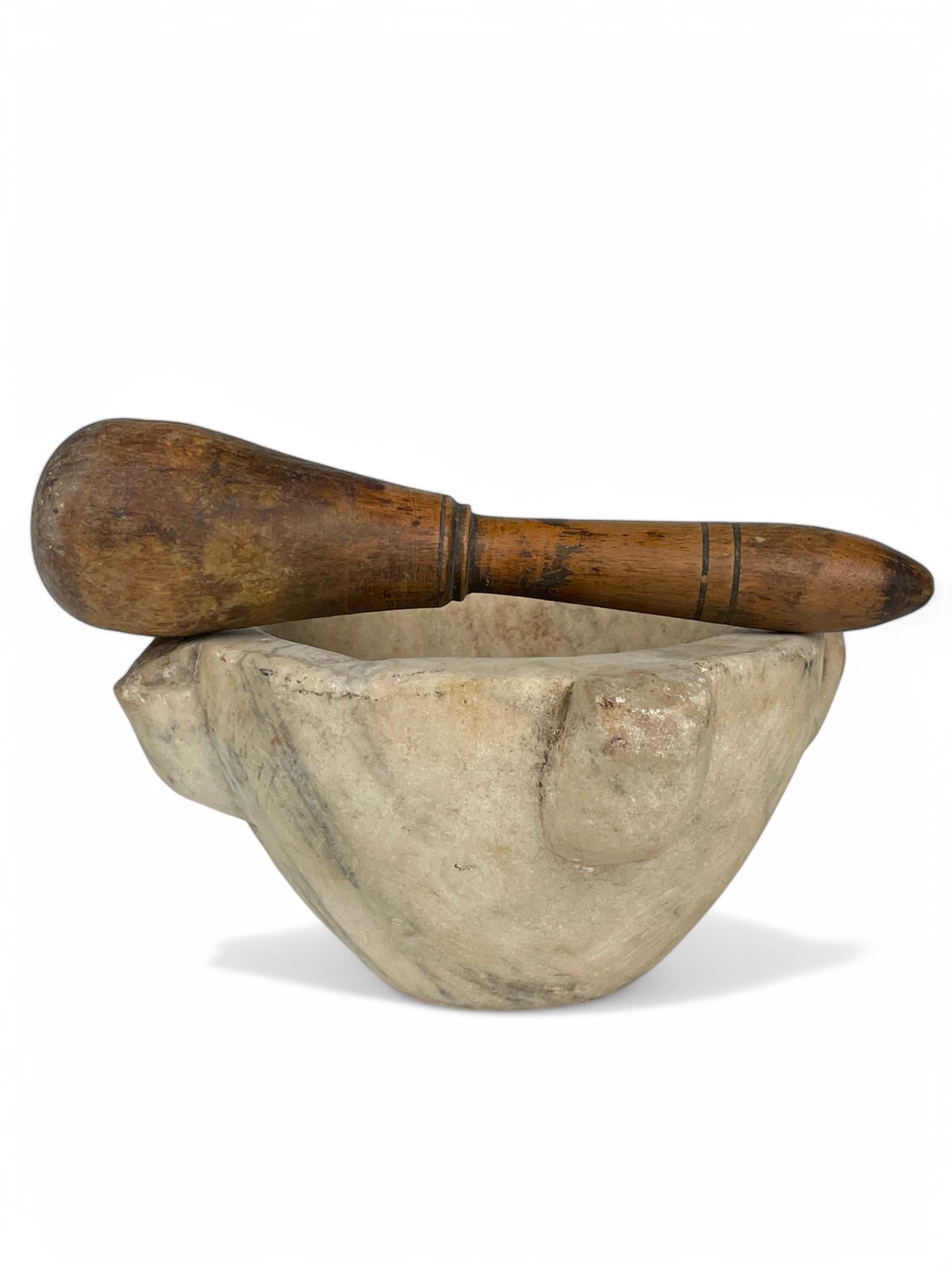 A Large 18th Century Italian Carved White Marble Mortar & Wooden Pestle