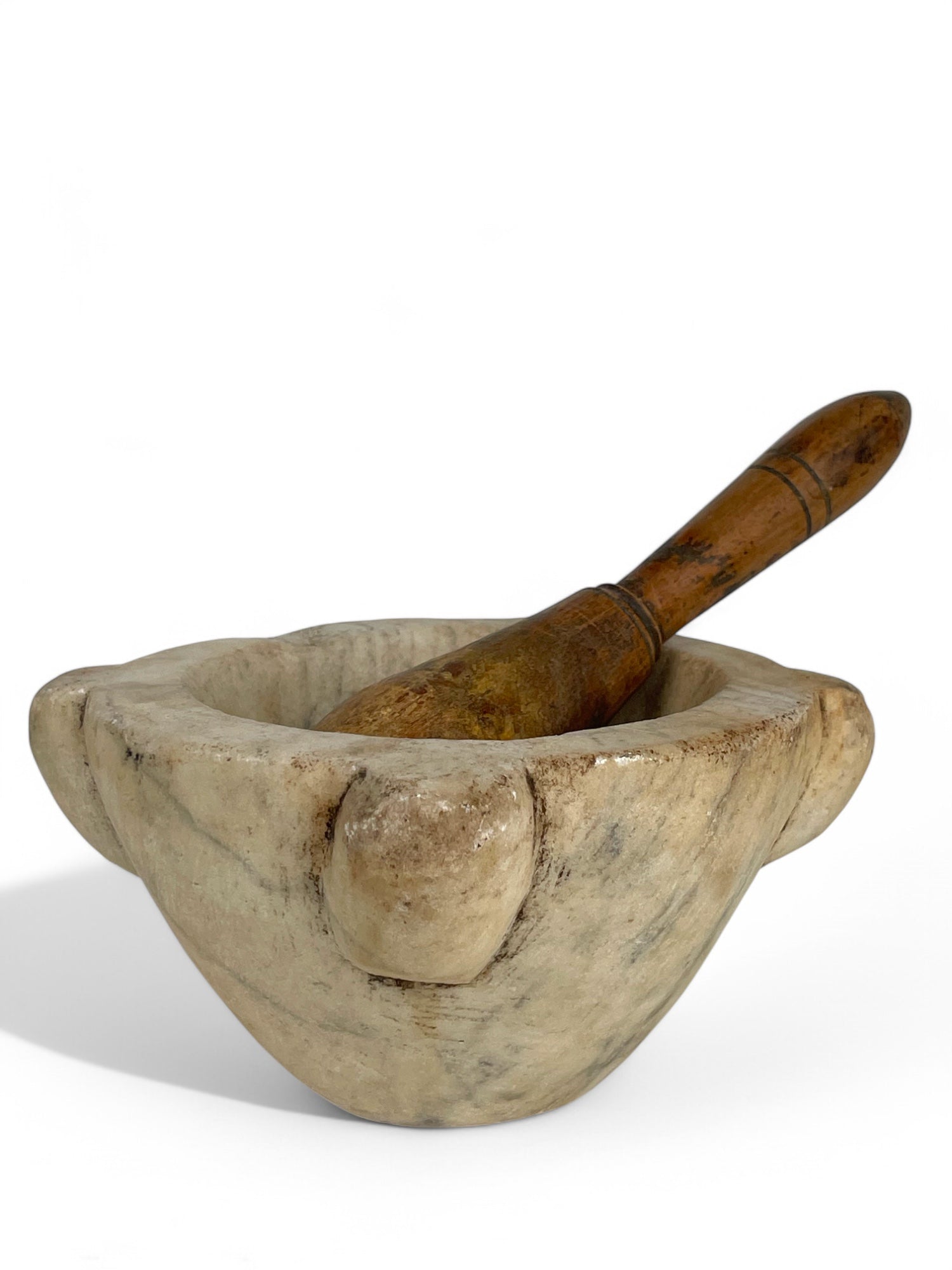 A Large 18th Century Italian Carved White Marble Mortar & Wooden Pestle