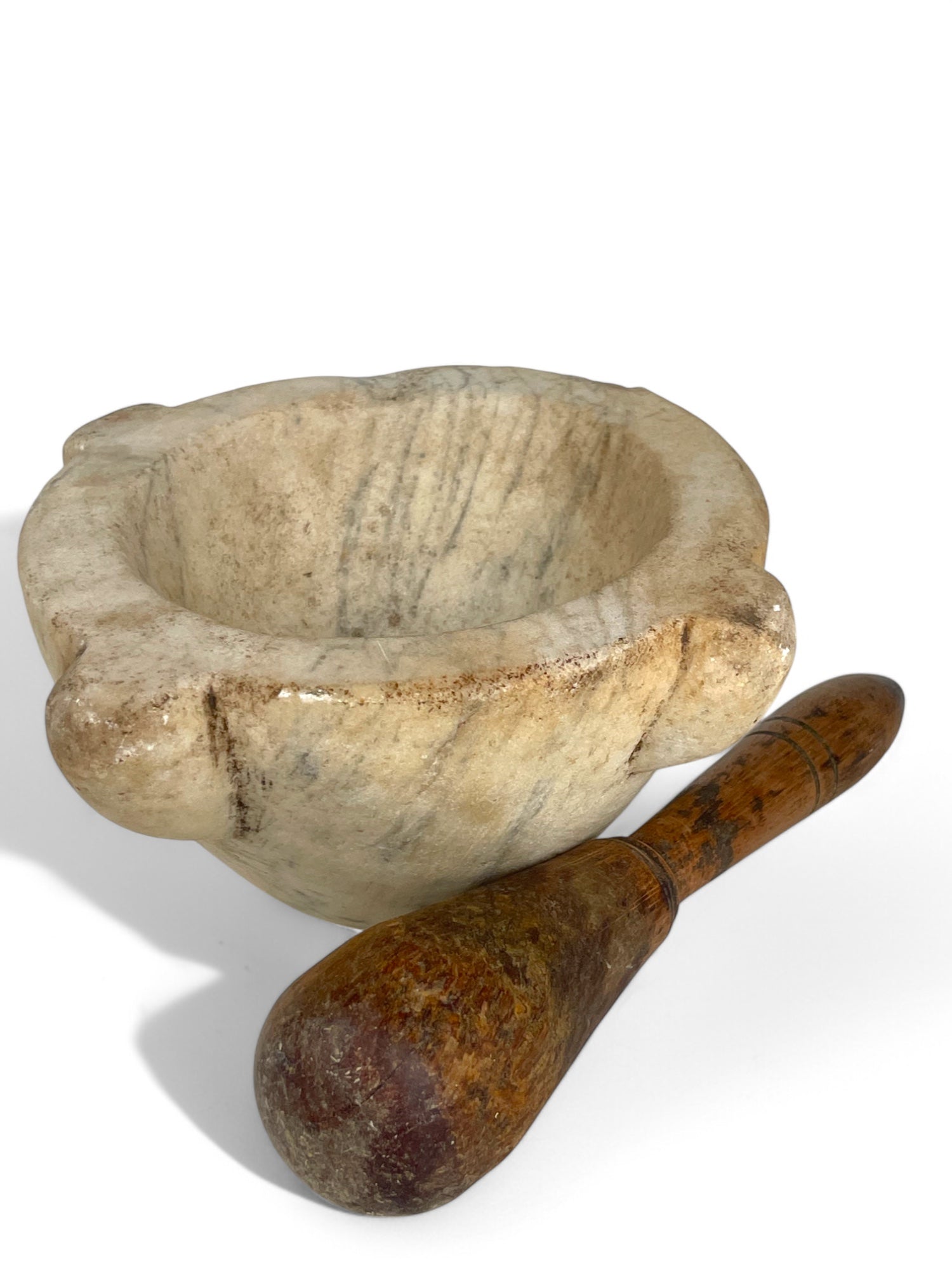 A Large 18th Century Italian Carved White Marble Mortar & Wooden Pestle