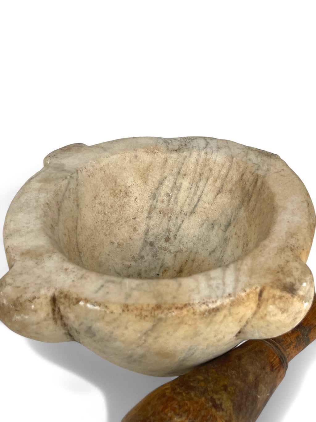 A Large 18th Century Italian Carved White Marble Mortar & Wooden Pestle