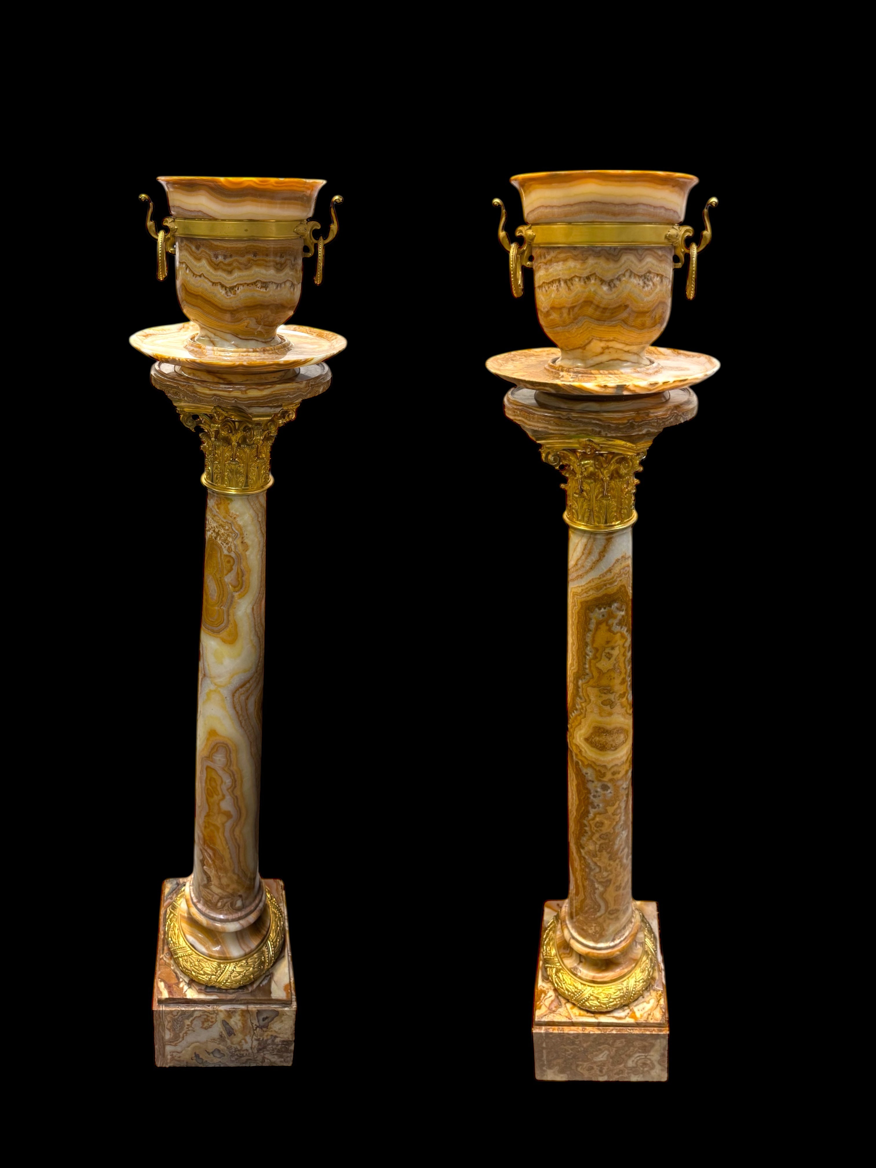 A Pair Of Ormolu Mounted Onyx Pedestal Jardinieres By H. Journet