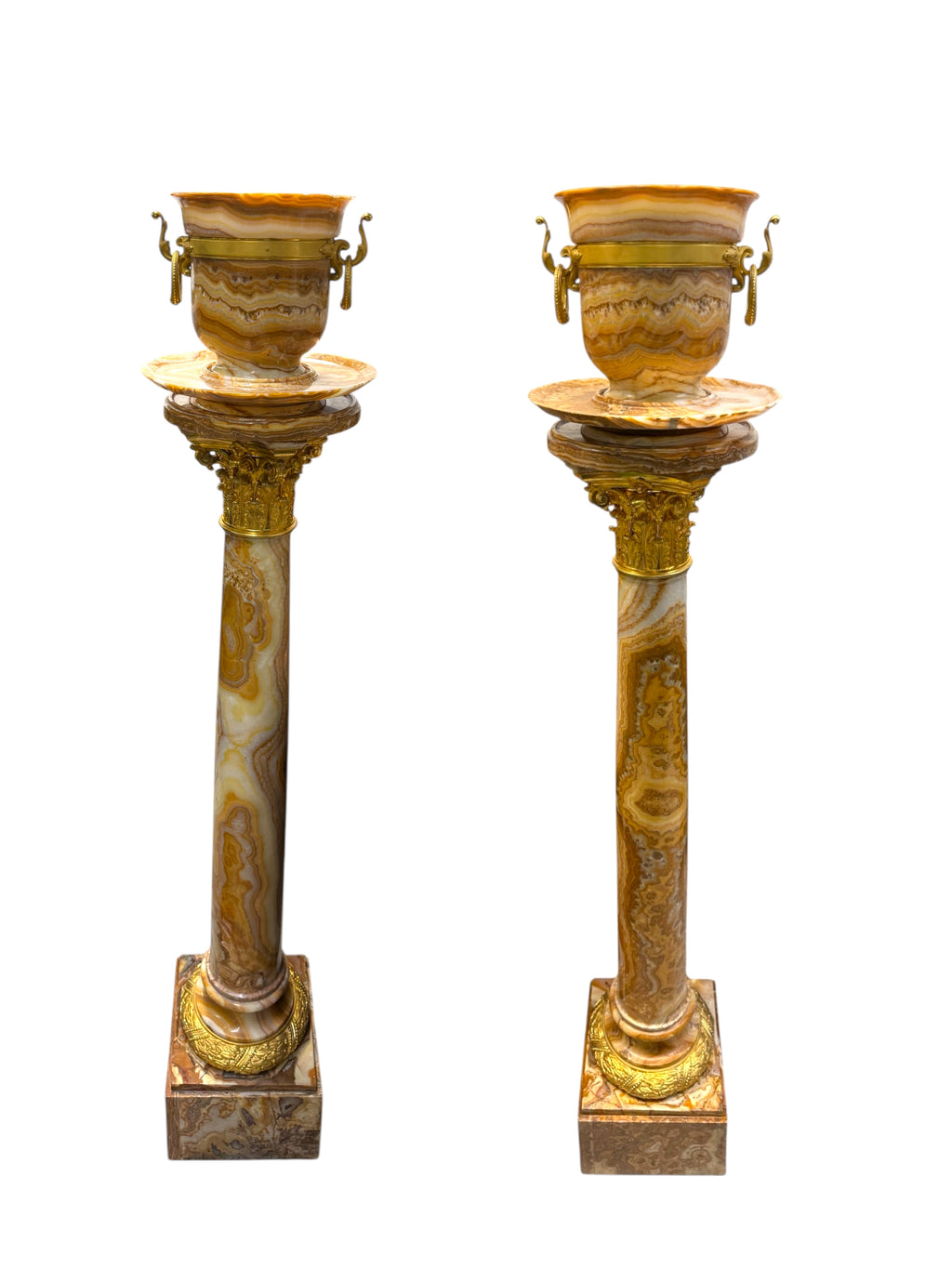 A Pair Of Ormolu Mounted Onyx Pedestal Jardinieres By H. Journet