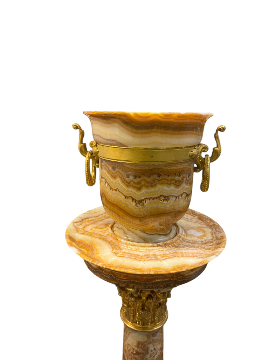 A Pair Of Ormolu Mounted Onyx Pedestal Jardinieres By H. Journet