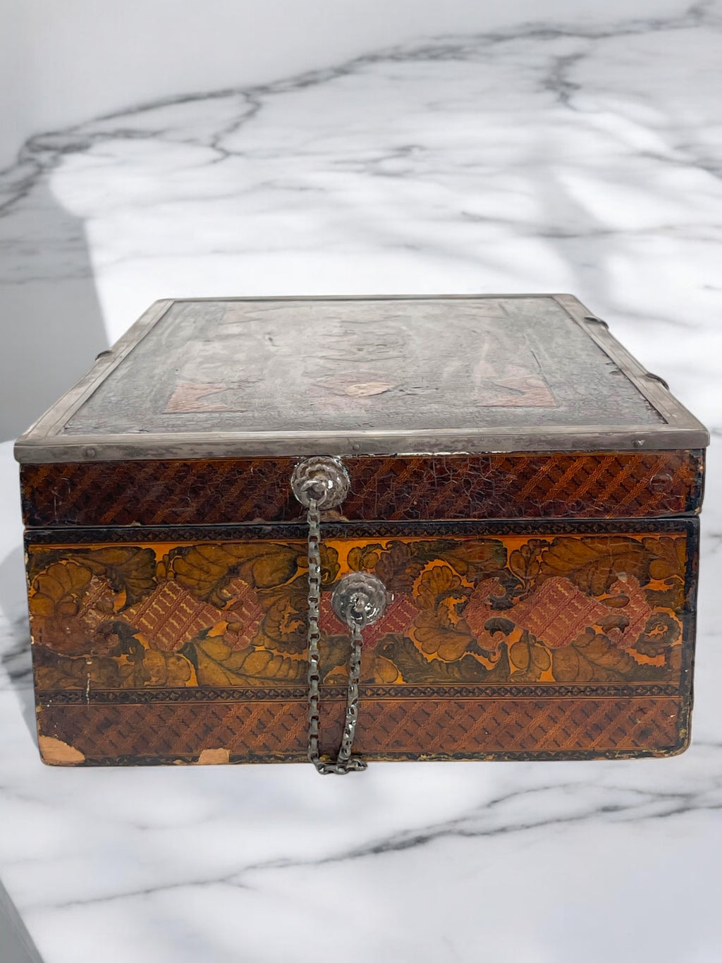 19th Century Persian Qajar Silver Mounted Hand Painted Box