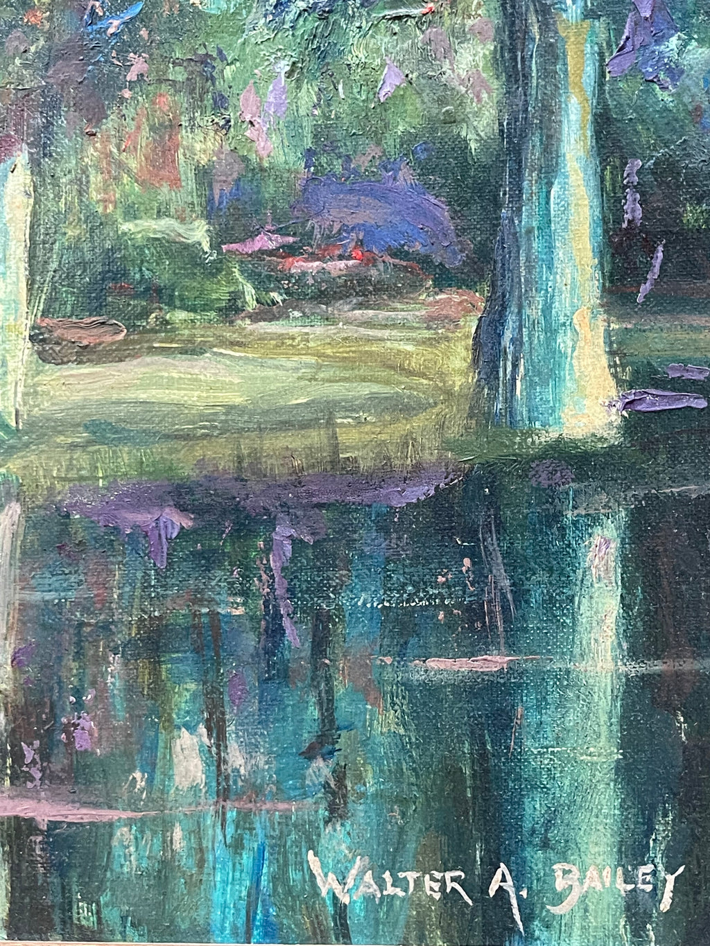 An Impressionist Oil on Canvas of a Lake Reflection By Walter A. Bailey