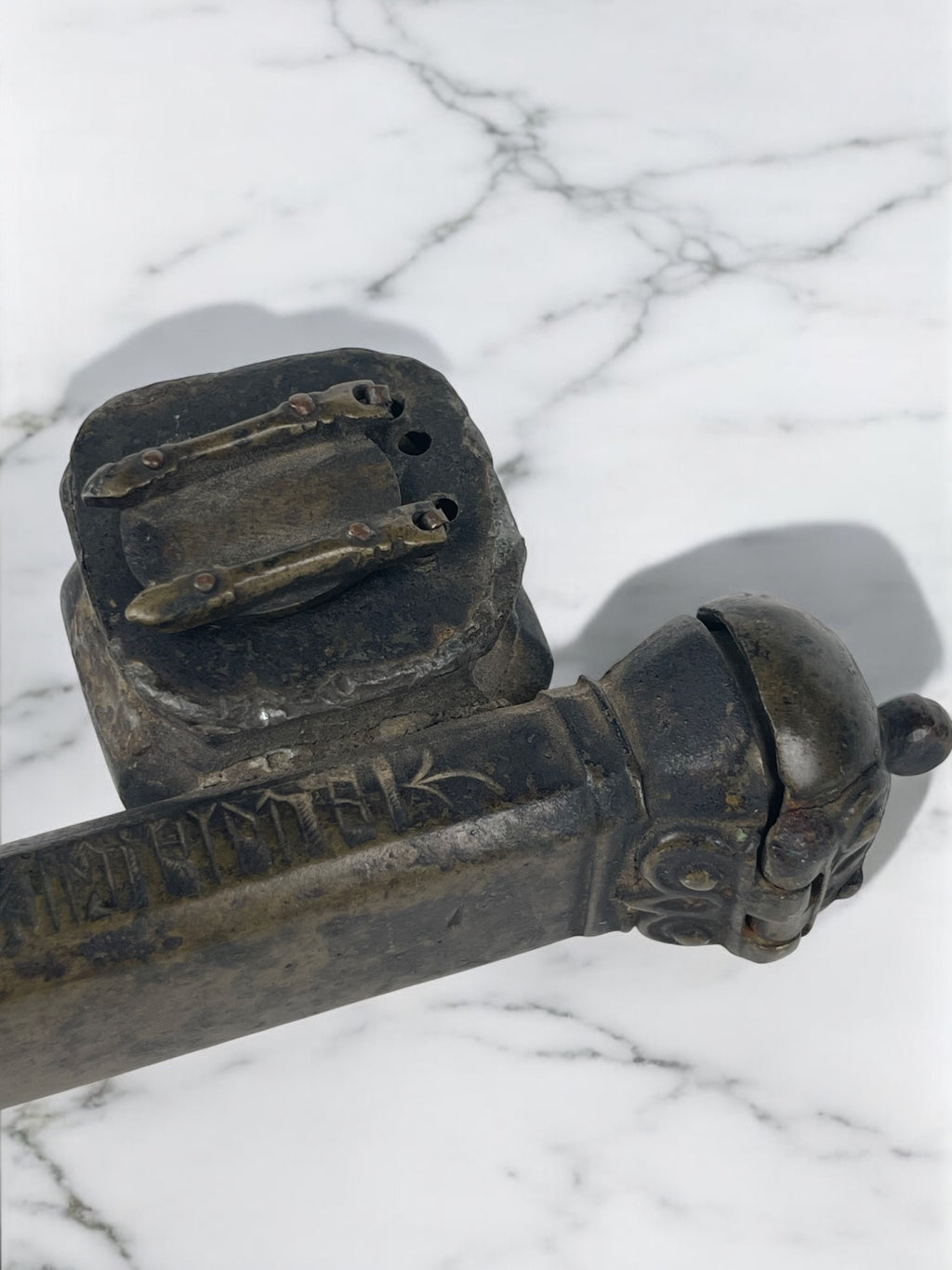 19th Century Middle Eastern Handmade Brass Inkwell & Pen Holder Signed