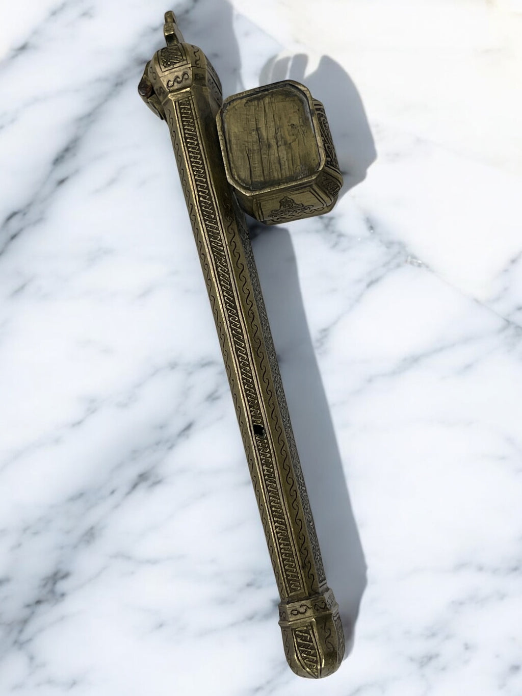 19th Century Middle Eastern Handmade Brass Inkwell & Pen Holder