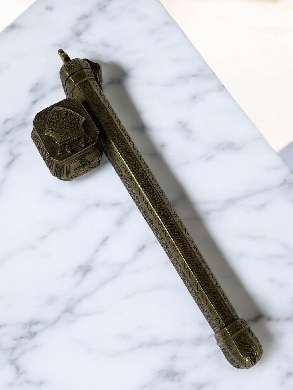 19th Century Middle Eastern Handmade Brass Inkwell & Pen Holder