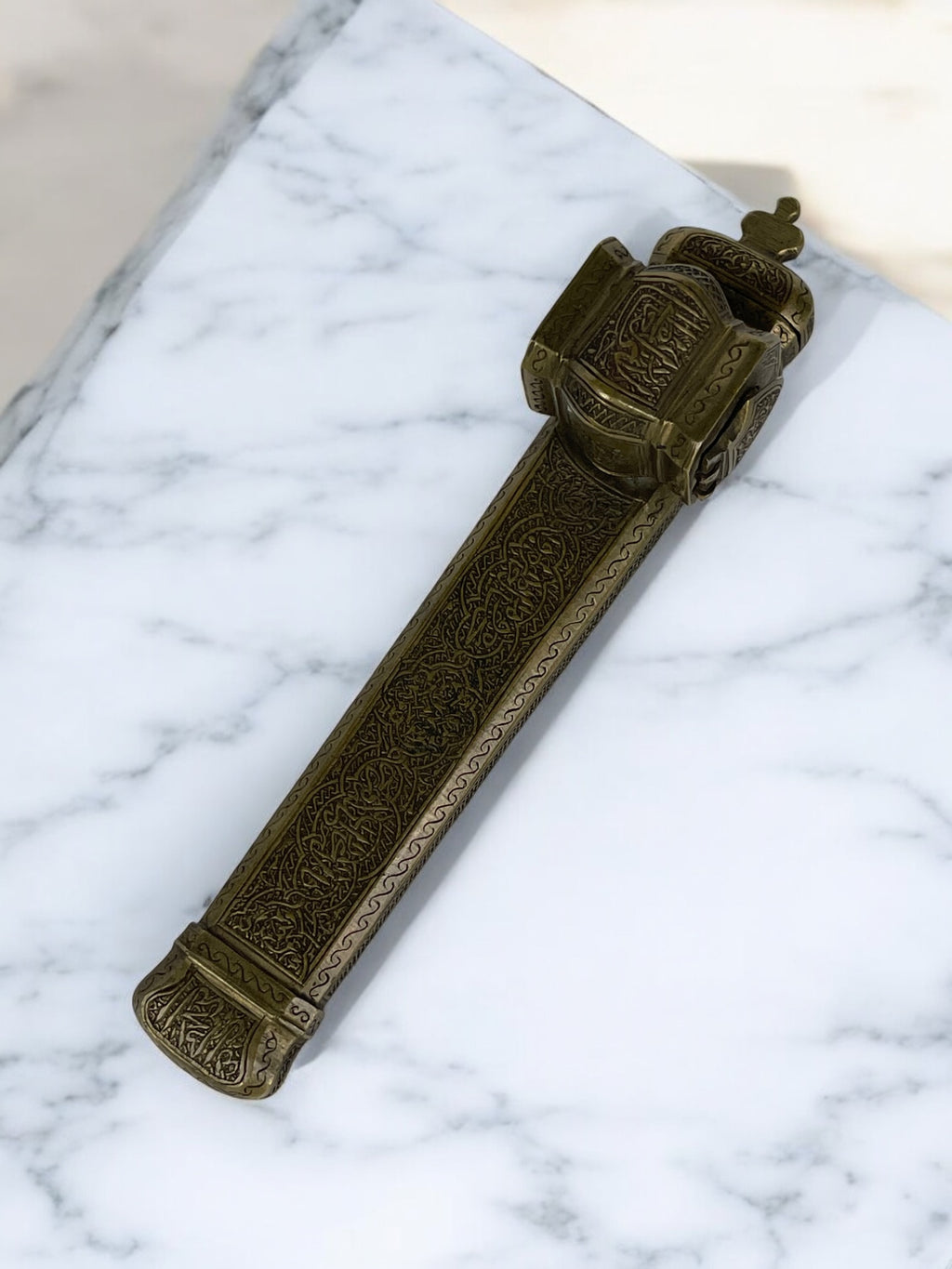 19th Century Middle Eastern Handmade Brass Inkwell & Pen Holder