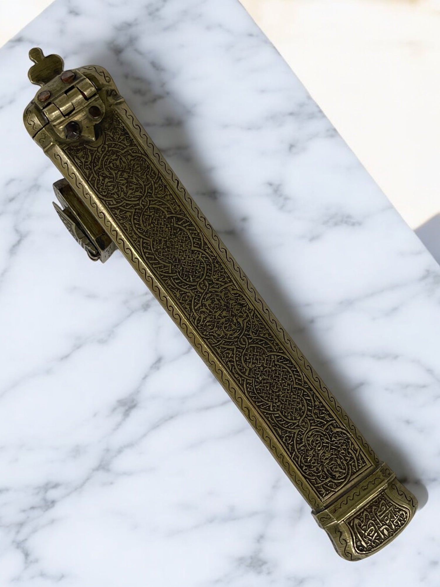 19th Century Middle Eastern Handmade Brass Inkwell & Pen Holder