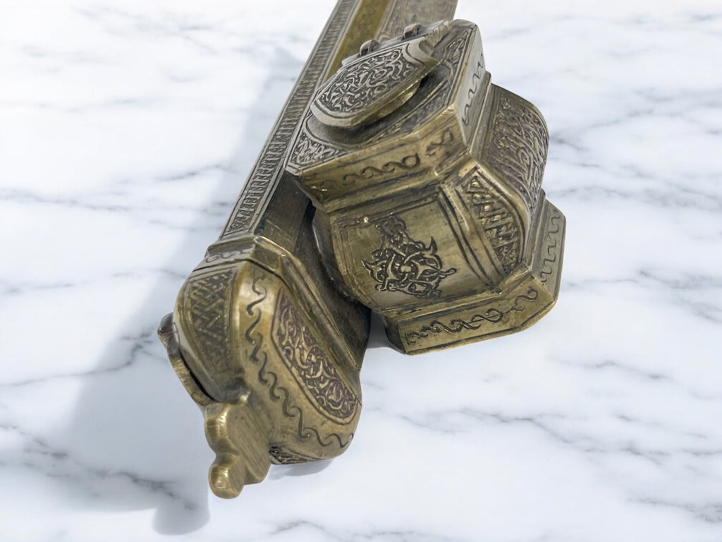 19th Century Middle Eastern Handmade Brass Inkwell & Pen Holder