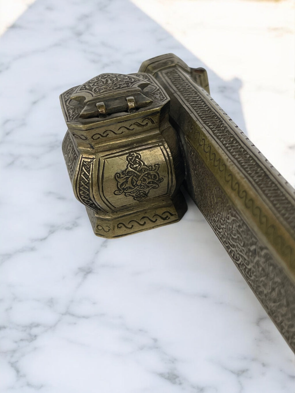 19th Century Middle Eastern Handmade Brass Inkwell & Pen Holder