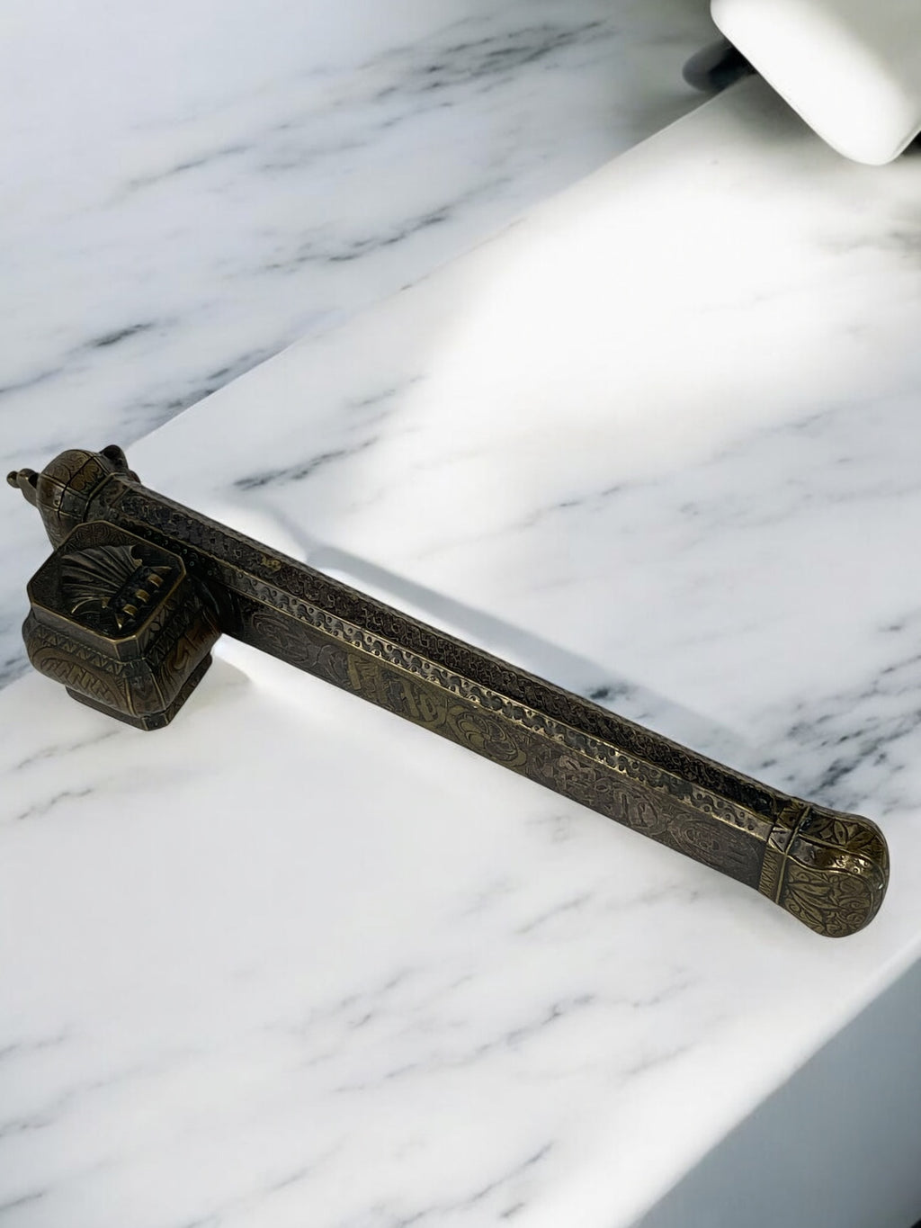 19th Century Middle Eastern Handmade Brass Inkwell & Pen Holder Signed