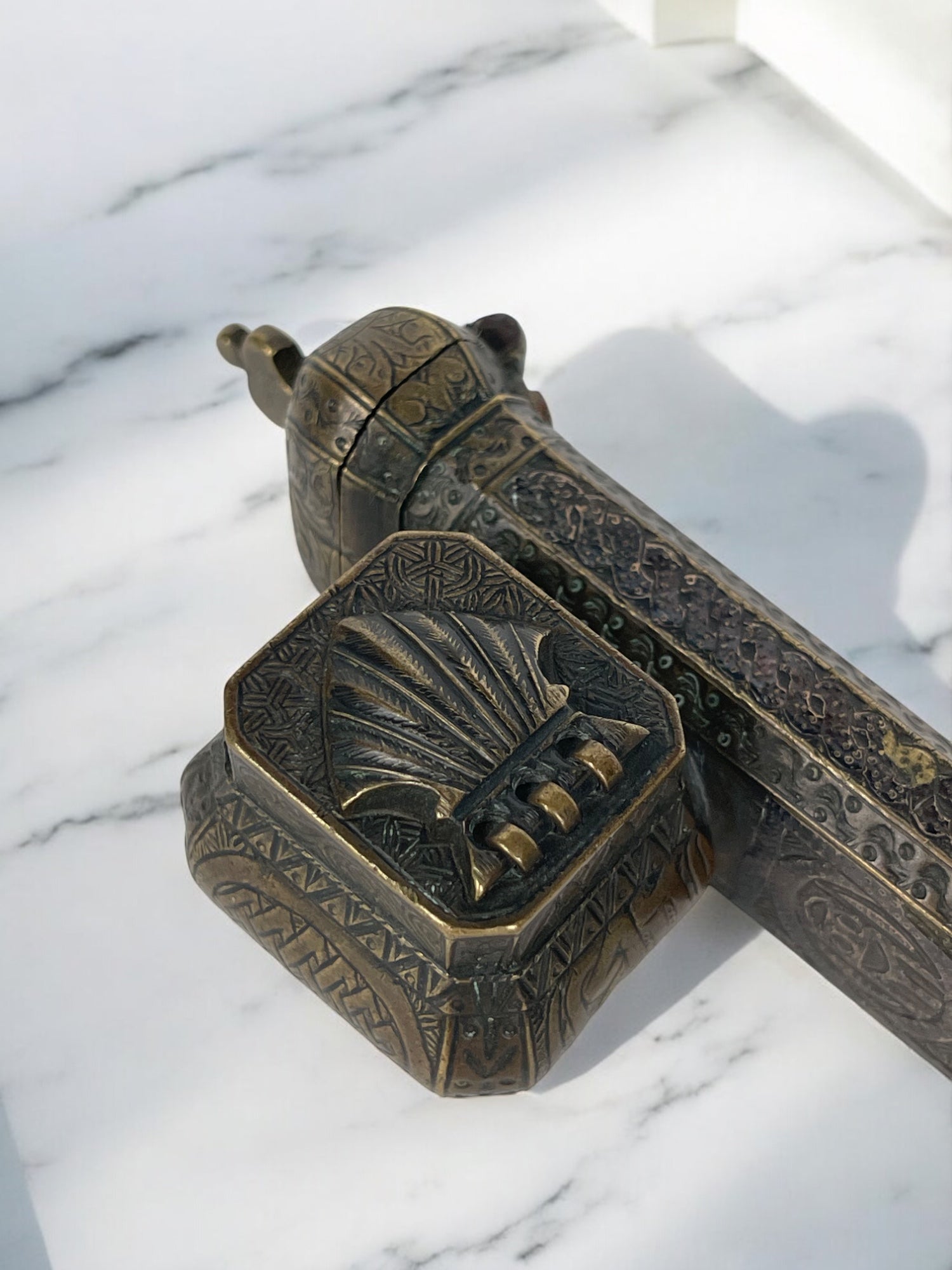 19th Century Middle Eastern Handmade Brass Inkwell & Pen Holder Signed