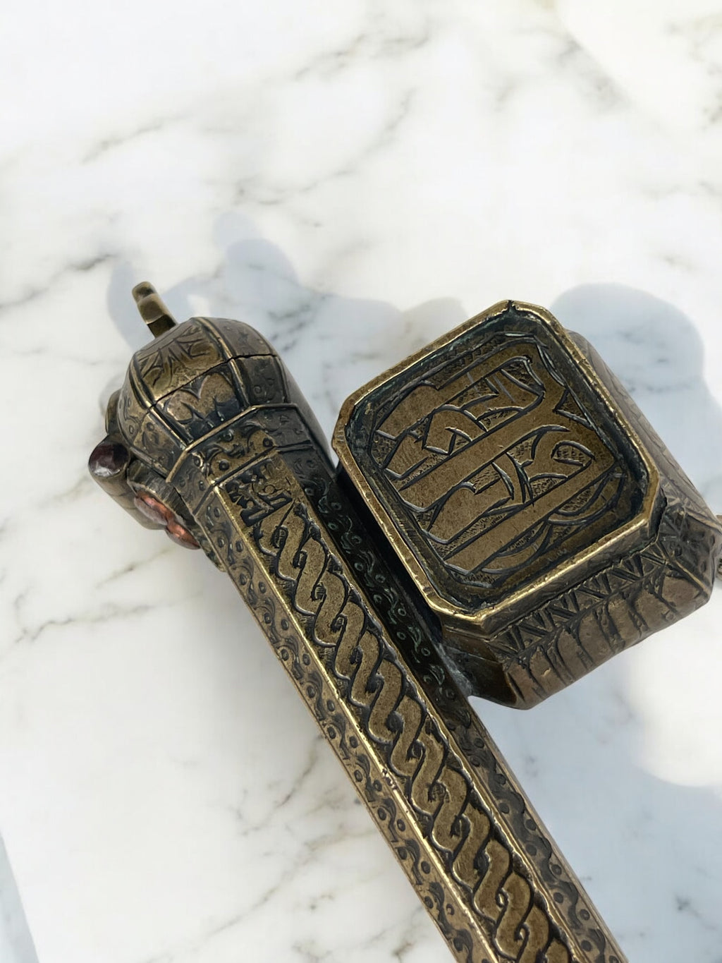 19th Century Middle Eastern Handmade Brass Inkwell & Pen Holder Signed