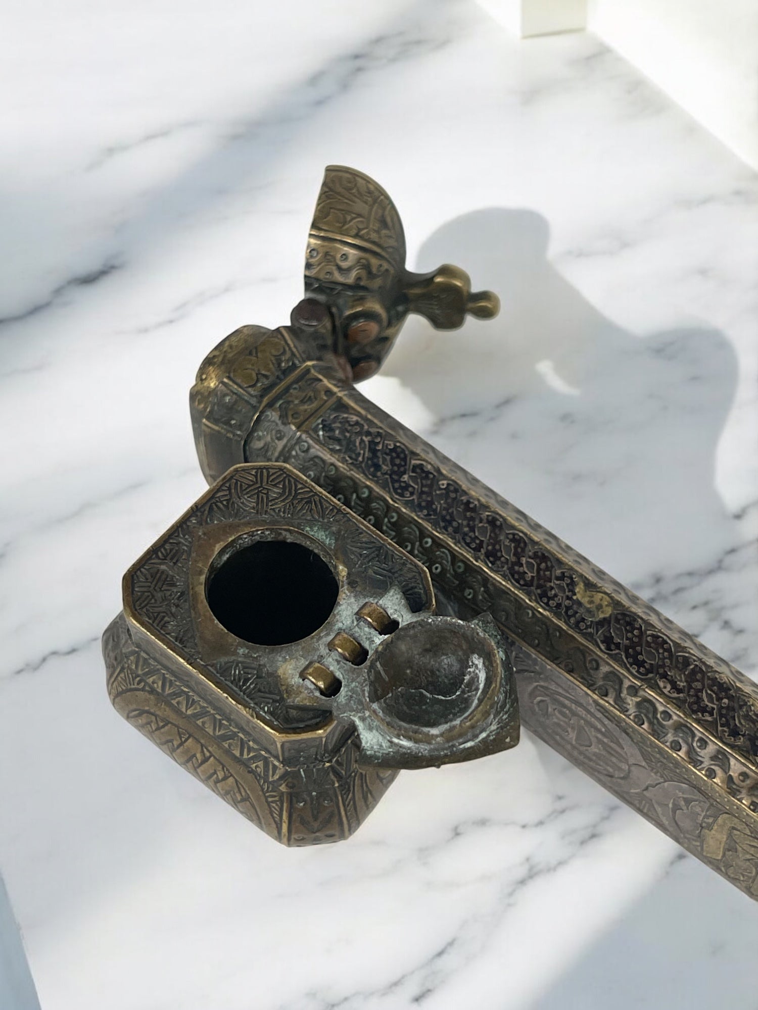 19th Century Middle Eastern Handmade Brass Inkwell & Pen Holder Signed