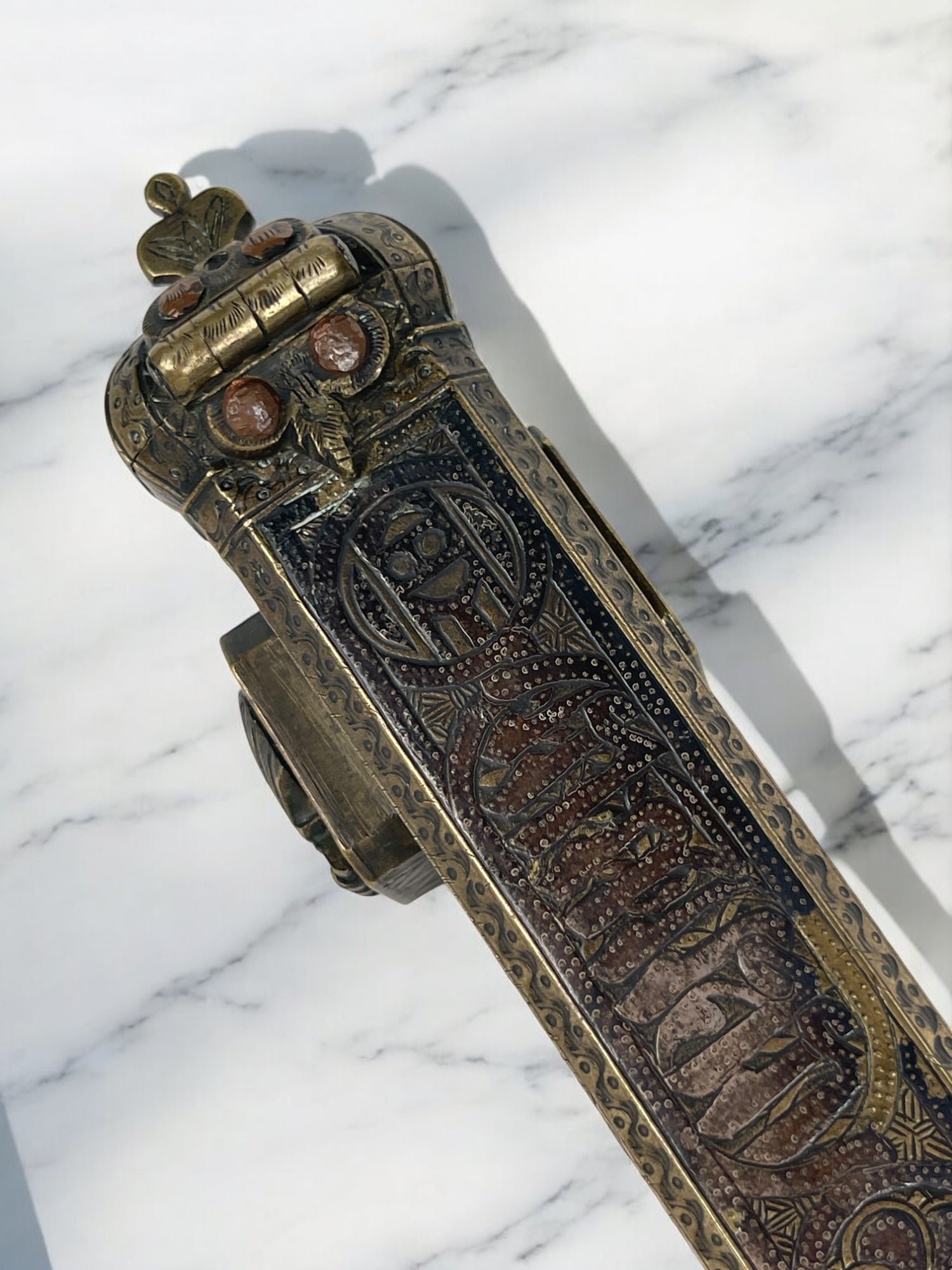 19th Century Middle Eastern Handmade Brass Inkwell & Pen Holder Signed