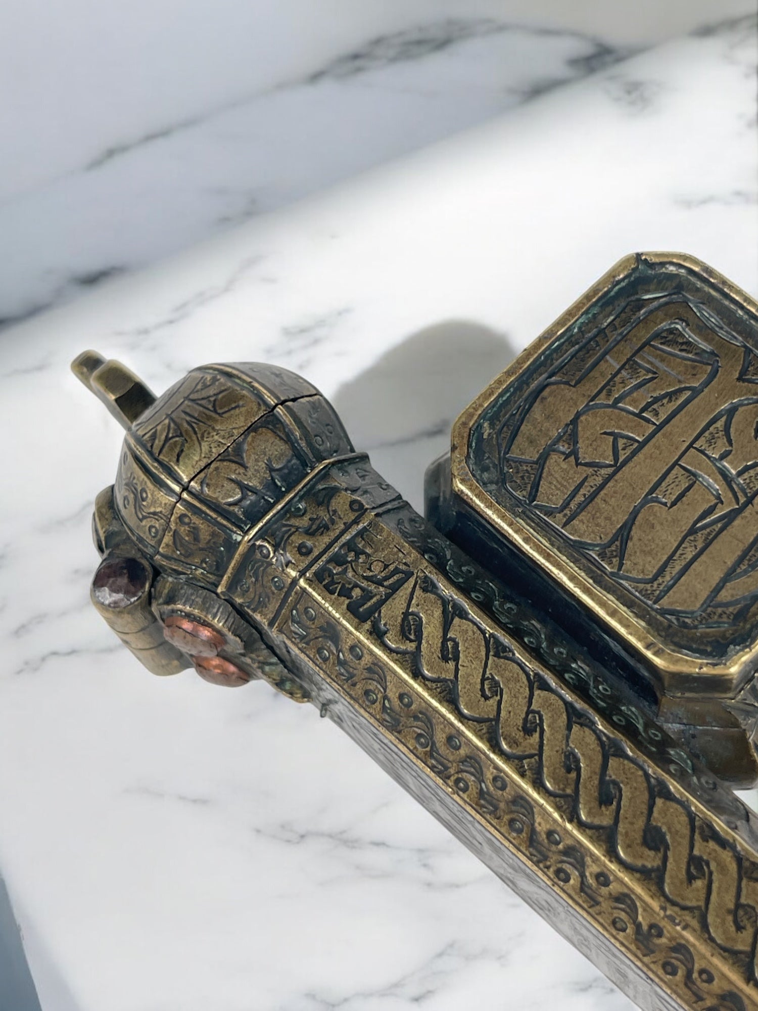 19th Century Middle Eastern Handmade Brass Inkwell & Pen Holder Signed