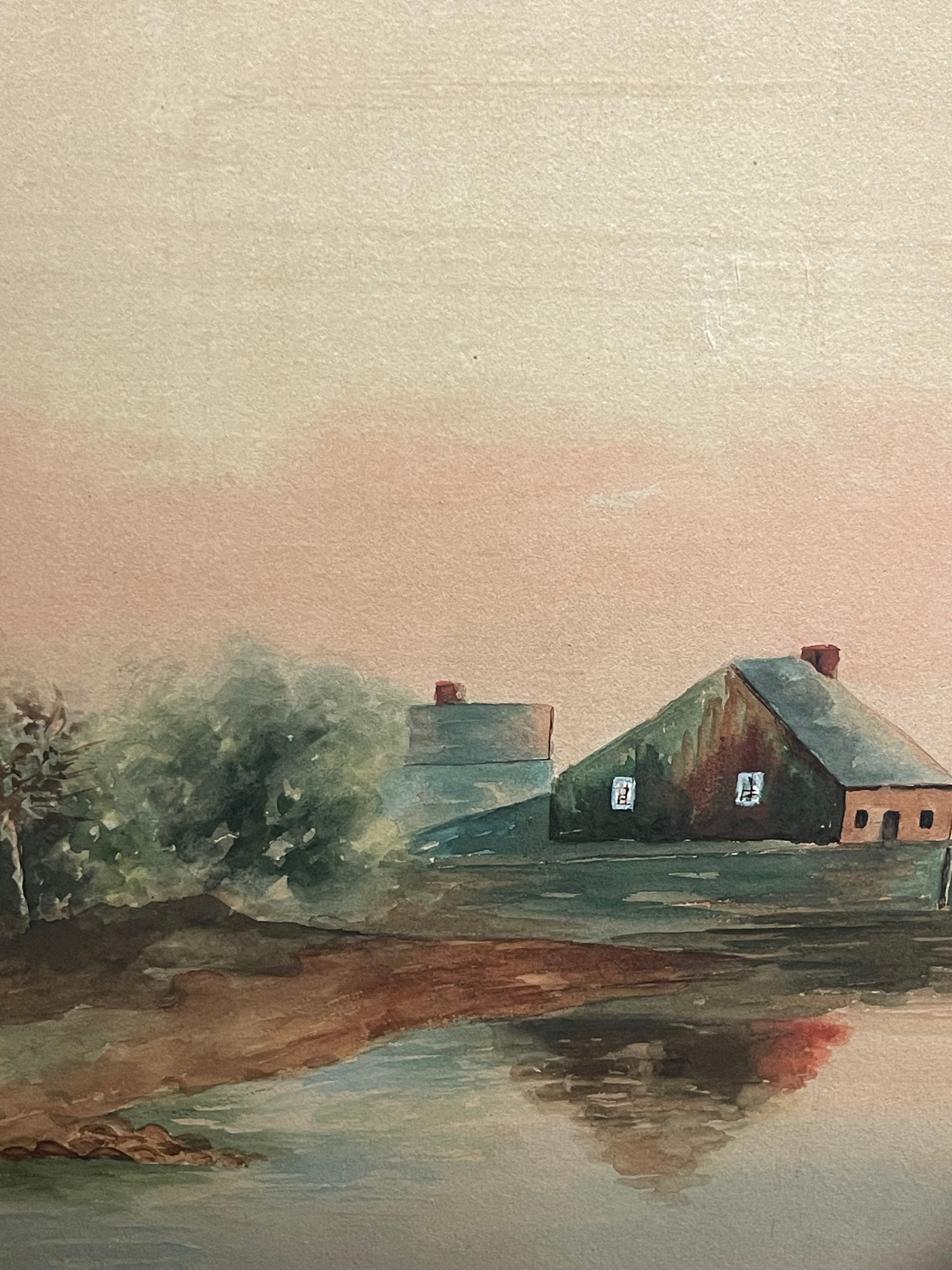 A Watercolor on Paper Lake Painting
