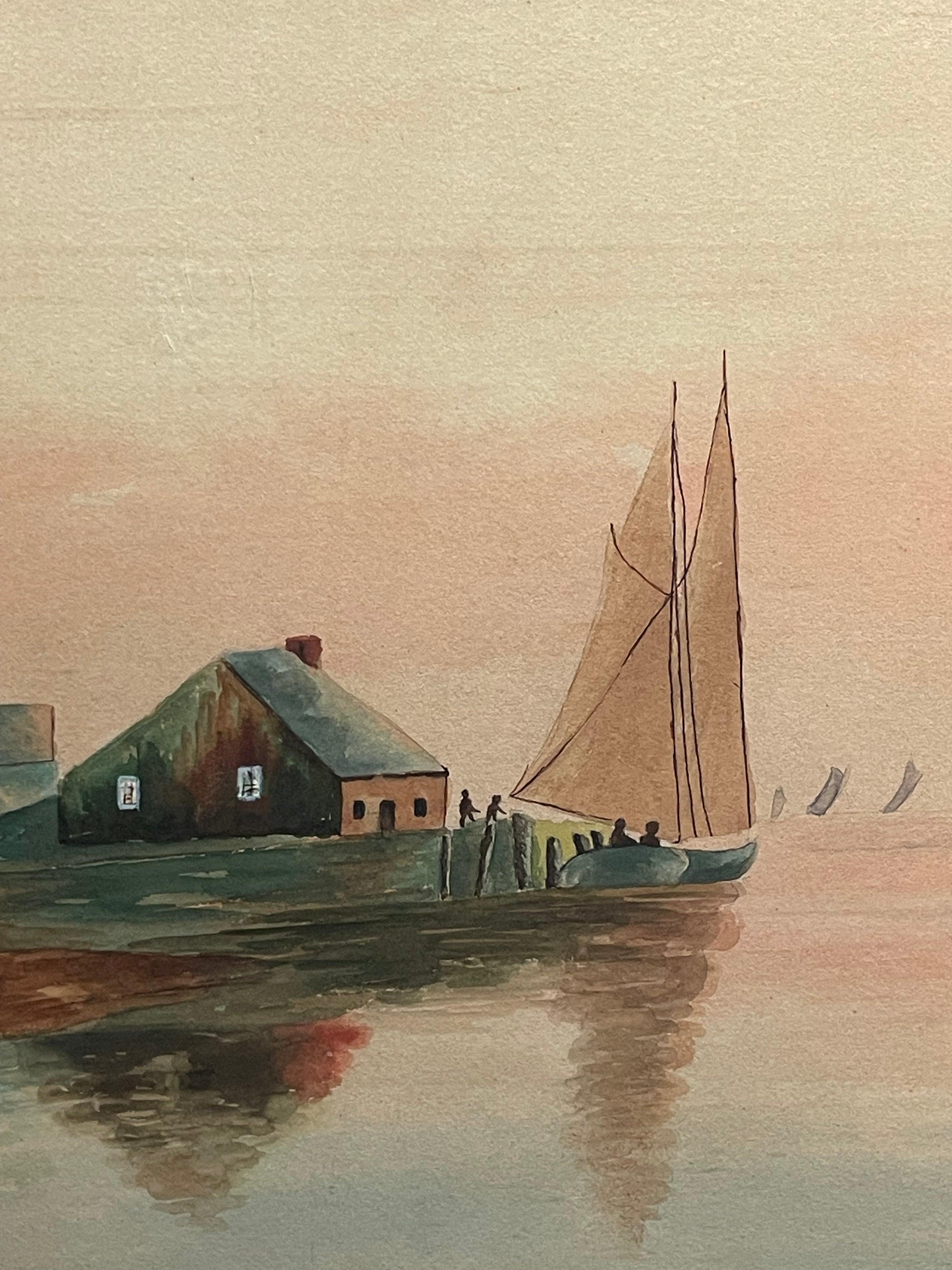 A Watercolor on Paper Lake Painting