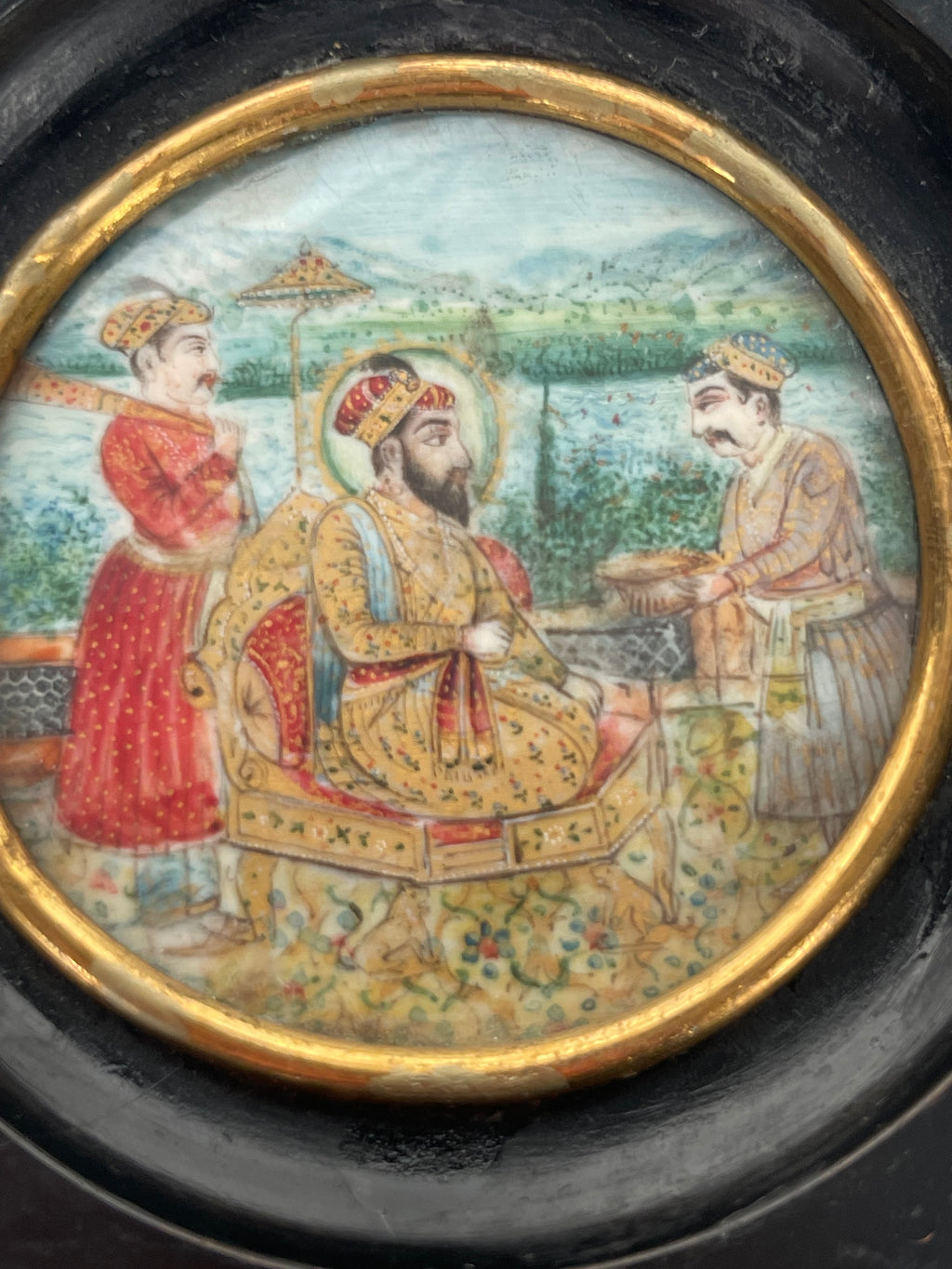 Lot Of Three 19th Century Indian Hand Painted Miniature Paintings Set In An Ebonized Frame