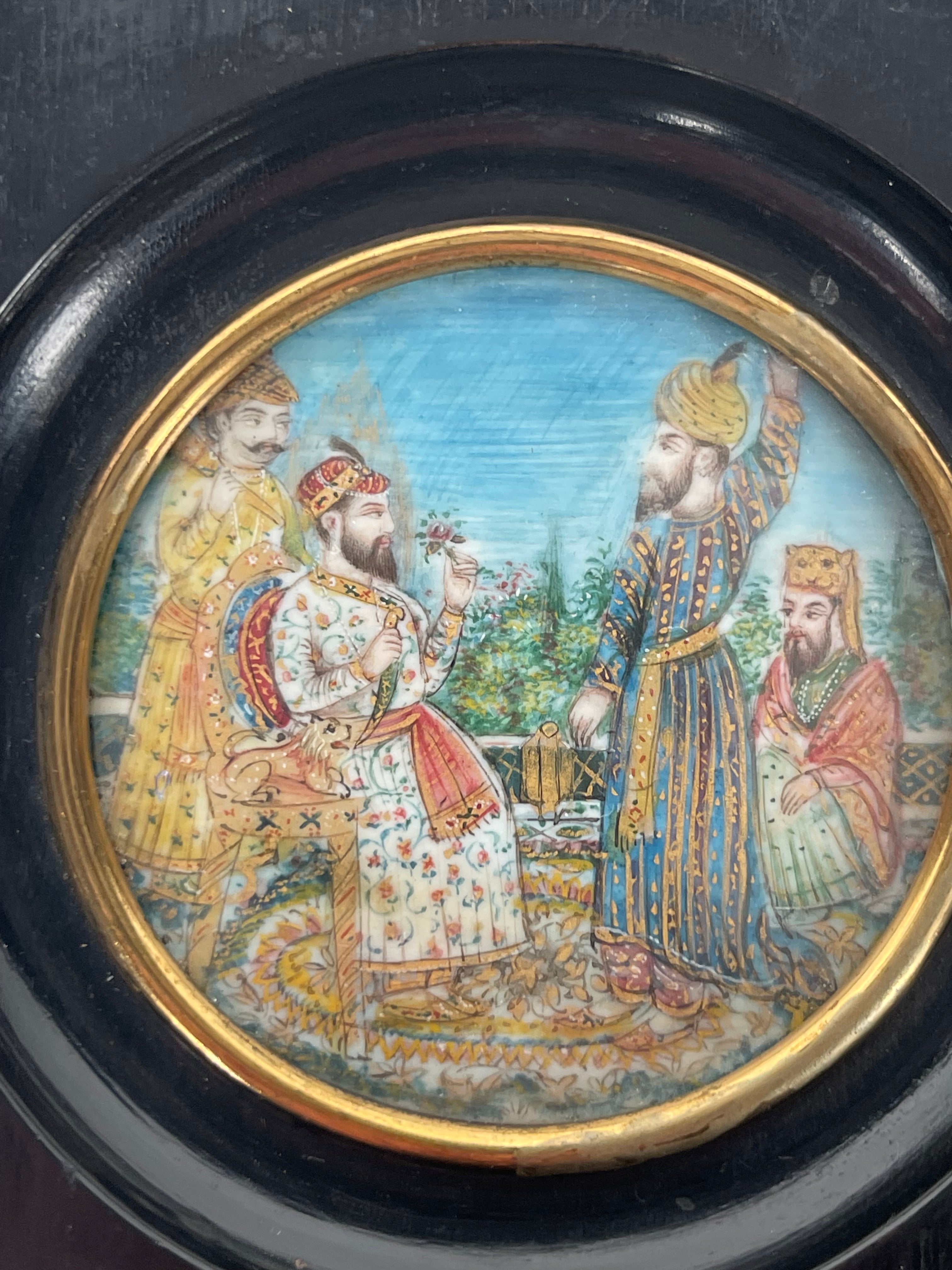 Lot Of Three 19th Century Indian Hand Painted Miniature Paintings Set In An Ebonized Frame