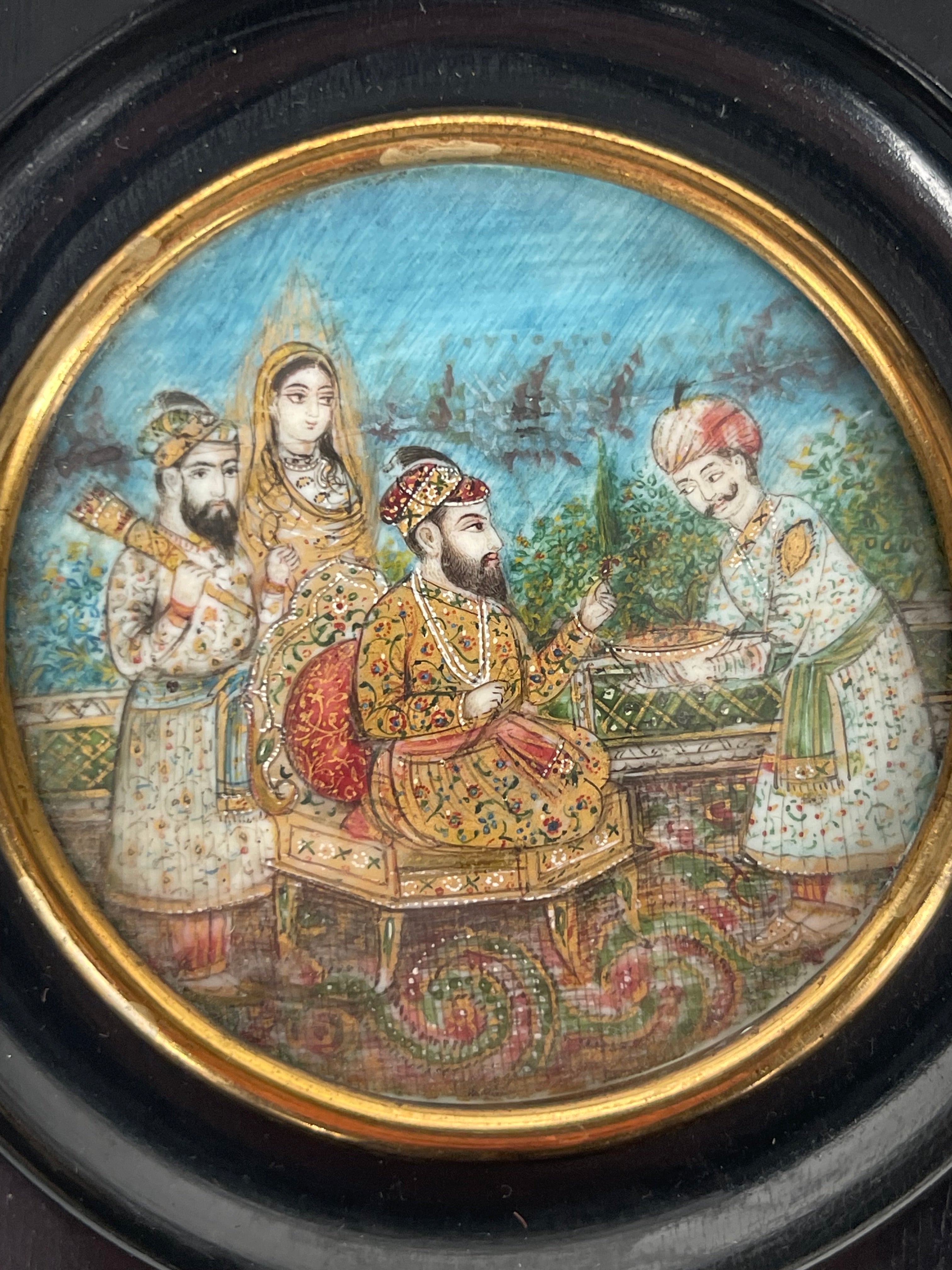 Lot Of Three 19th Century Indian Hand Painted Miniature Paintings Set In An Ebonized Frame