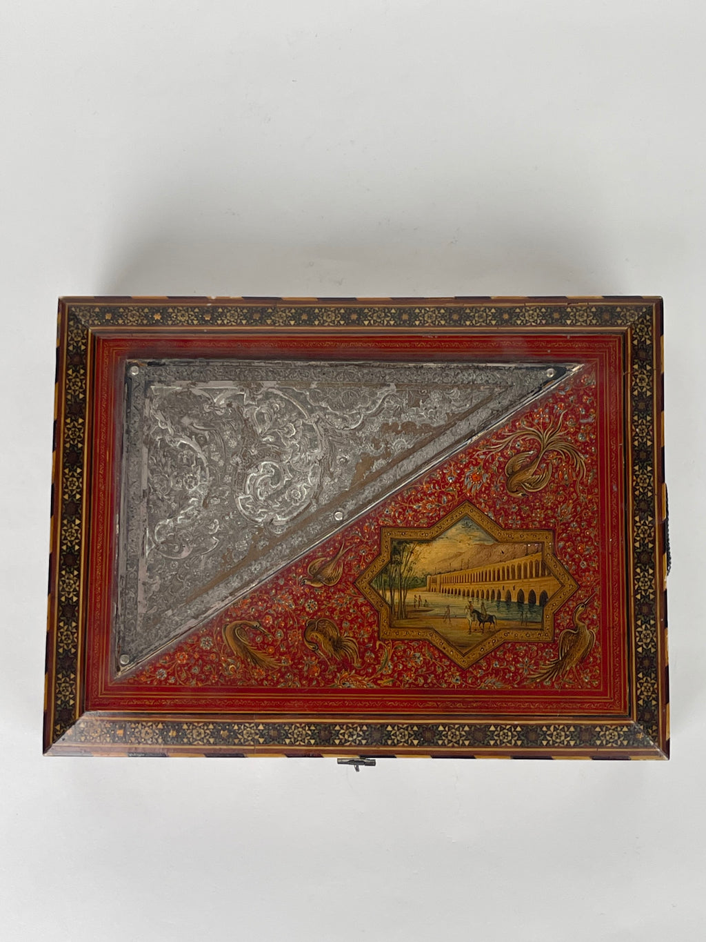 A Fine Persian Hand Painted, Khatam Kari Mounted Silver Jewelry Box