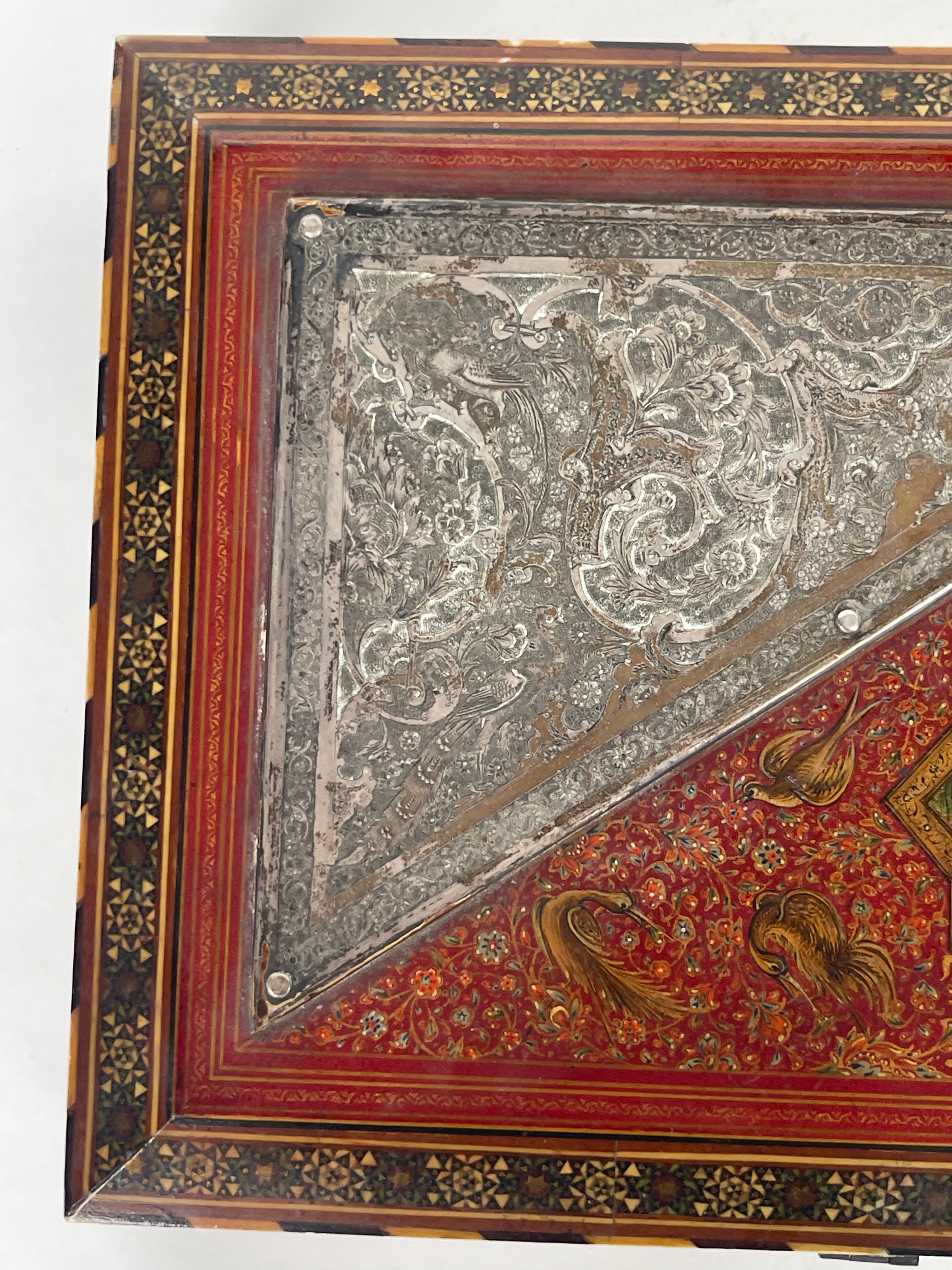 A Fine Persian Hand Painted, Khatam Kari Mounted Silver Jewelry Box