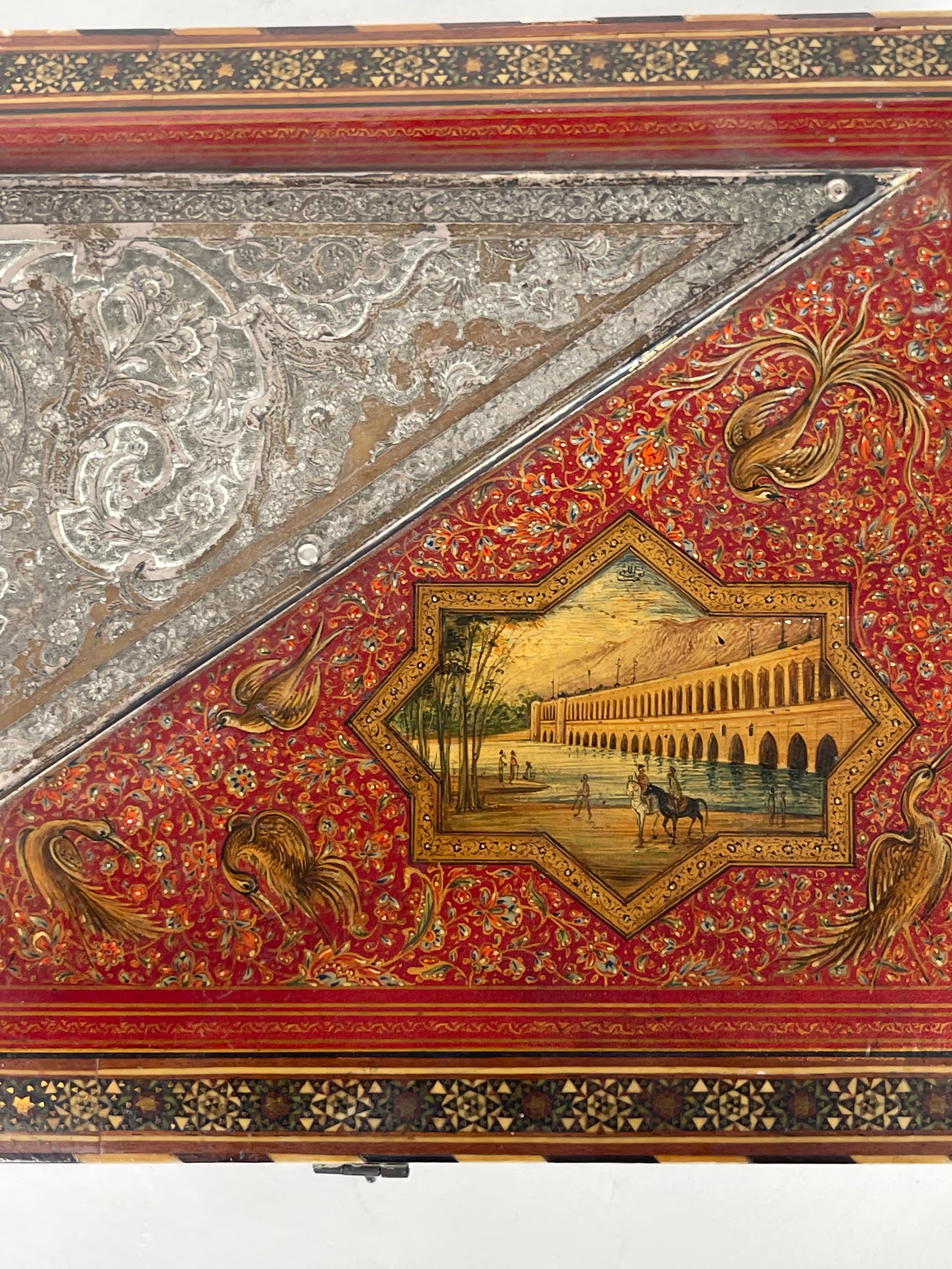 A Fine Persian Hand Painted, Khatam Kari Mounted Silver Jewelry Box