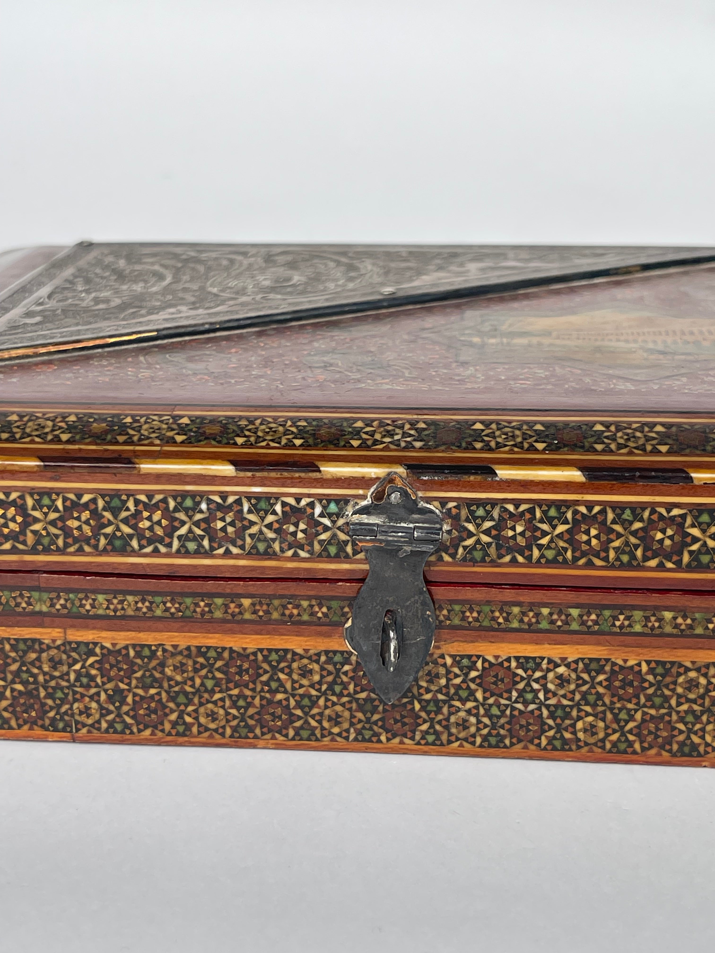 A Fine Persian Hand Painted, Khatam Kari Mounted Silver Jewelry Box