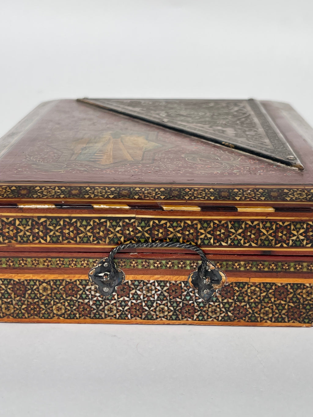 A Fine Persian Hand Painted, Khatam Kari Mounted Silver Jewelry Box