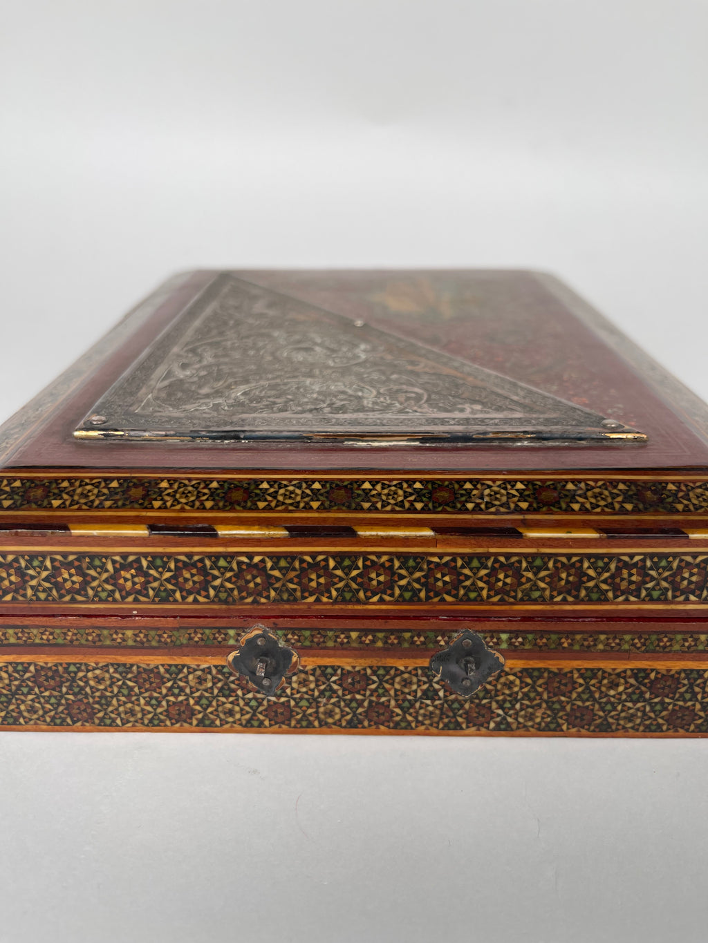A Fine Persian Hand Painted, Khatam Kari Mounted Silver Jewelry Box