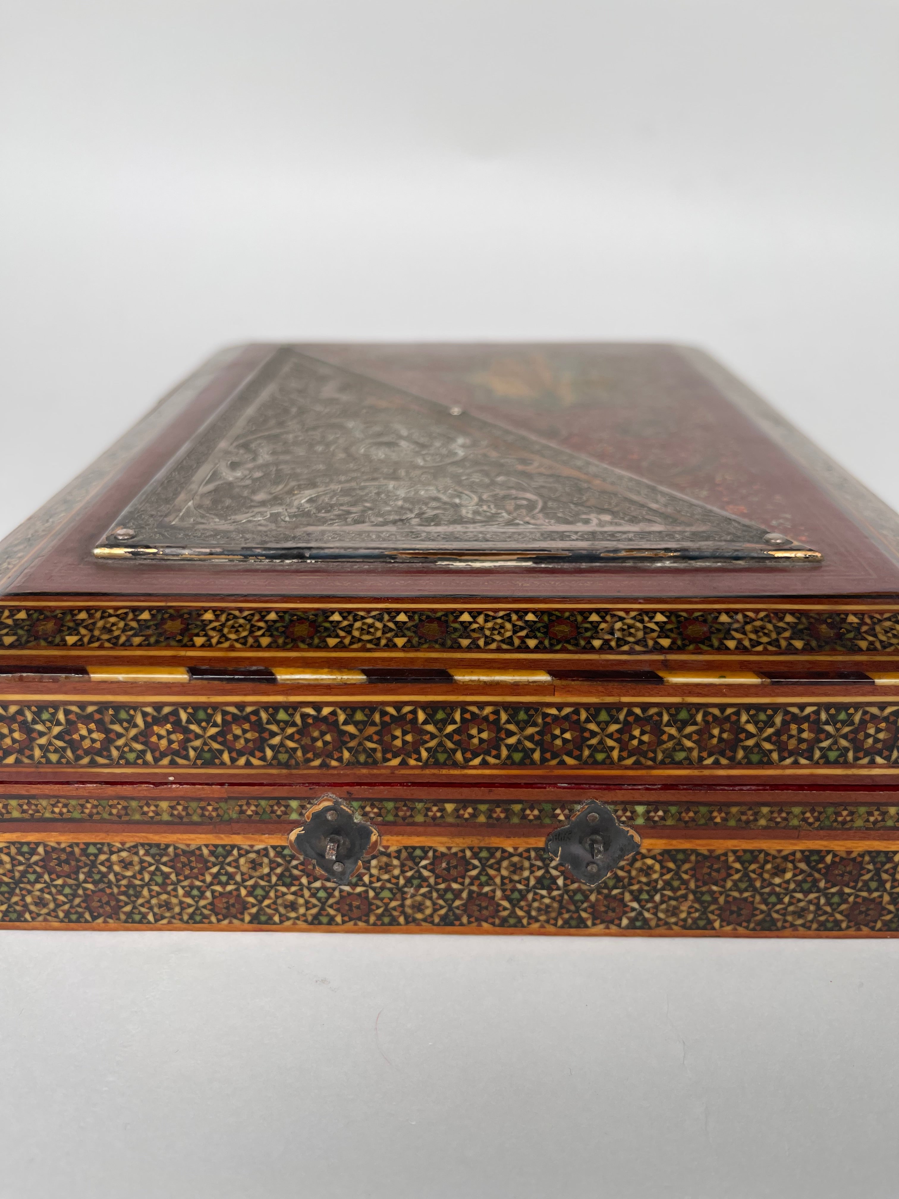 A Fine Persian Hand Painted, Khatam Kari Mounted Silver Jewelry Box