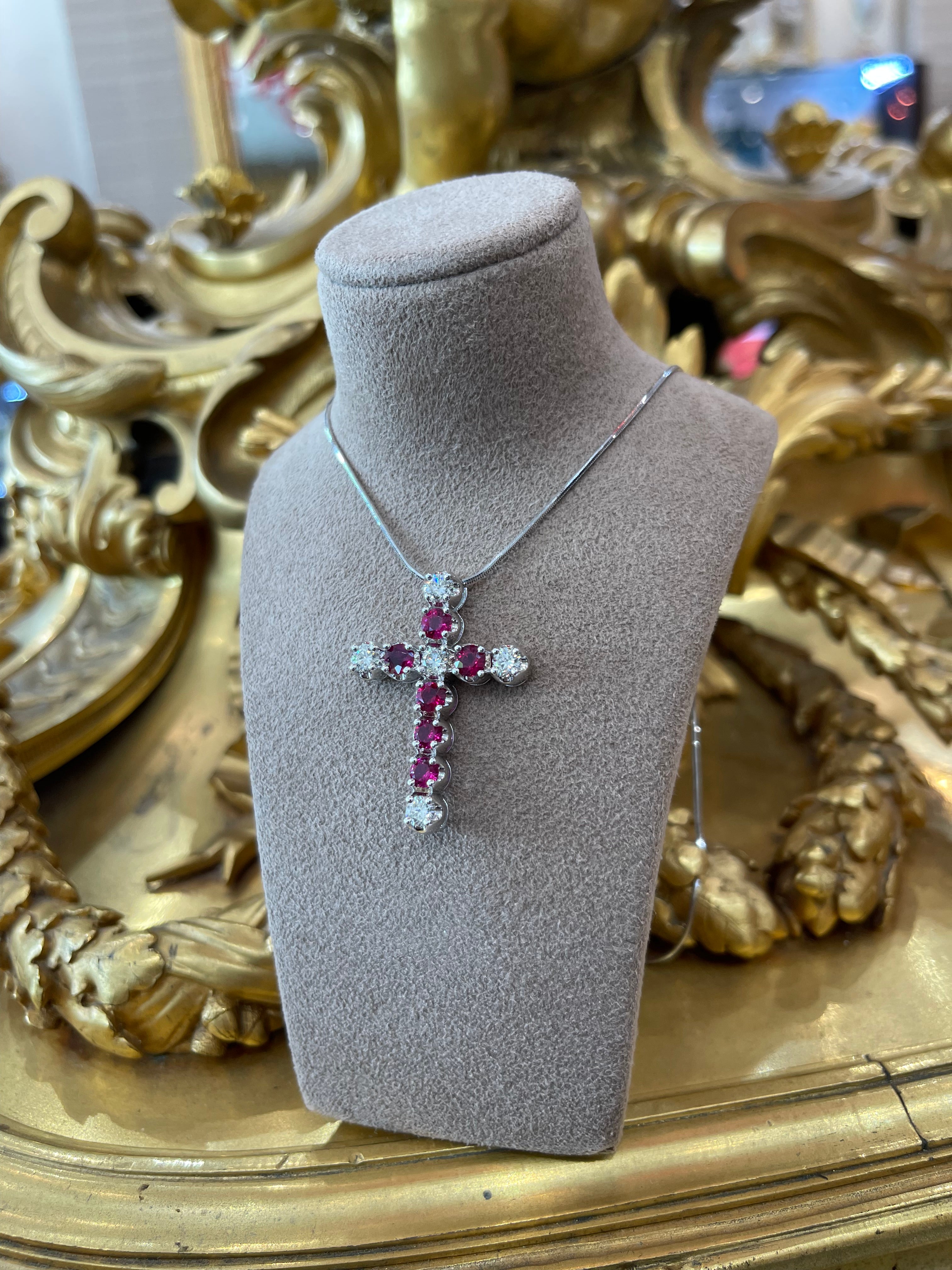 14k White Gold Diamond & Ruby Cross Necklace