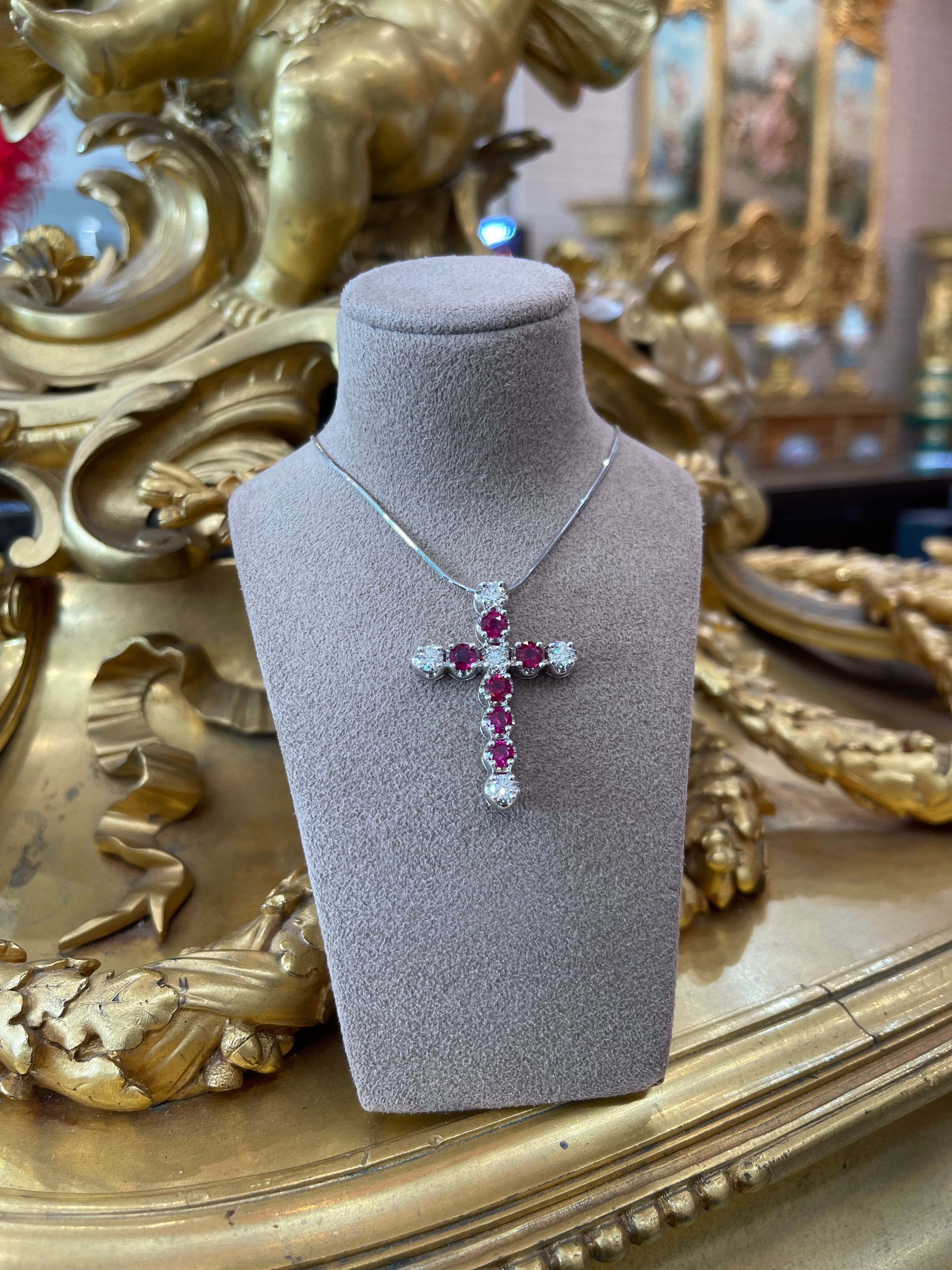 14k White Gold Diamond & Ruby Cross Necklace