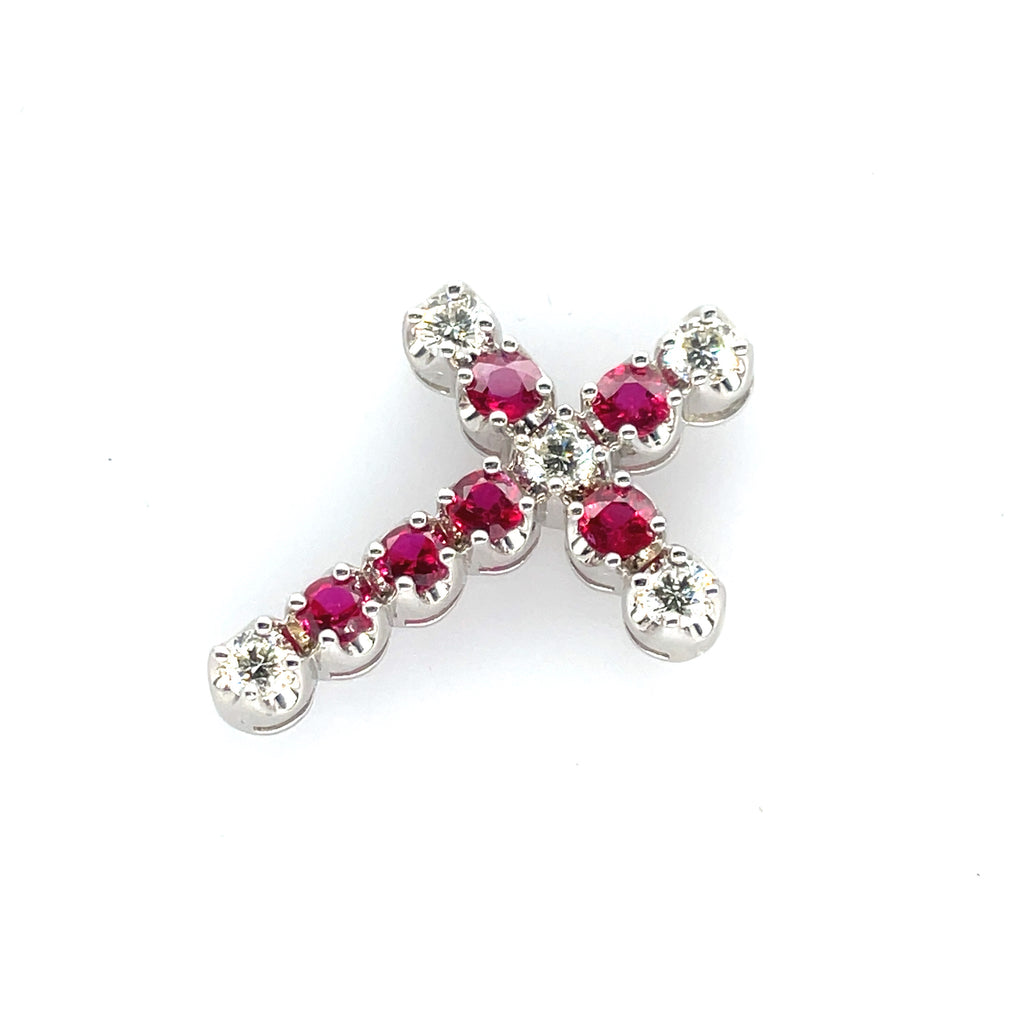 14k White Gold Diamond & Ruby Cross Necklace