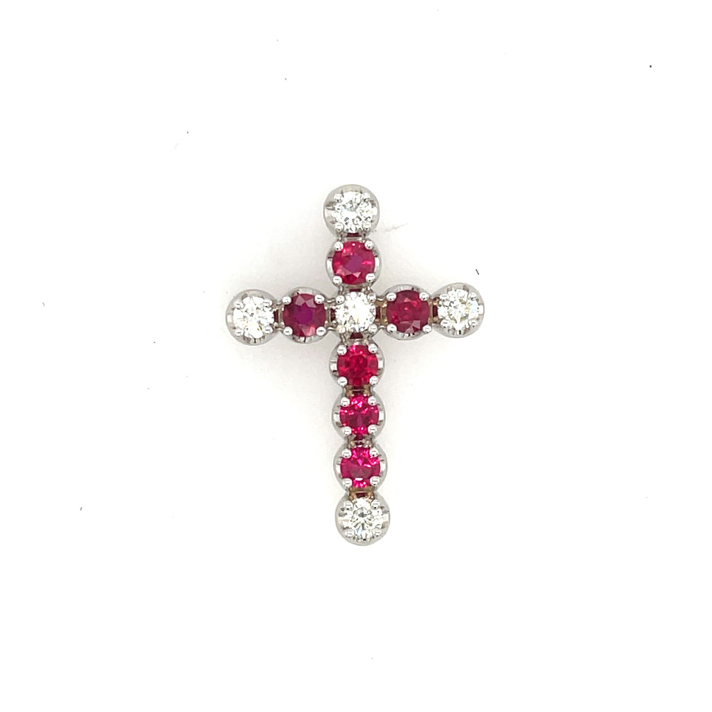 14k White Gold Diamond & Ruby Cross Necklace