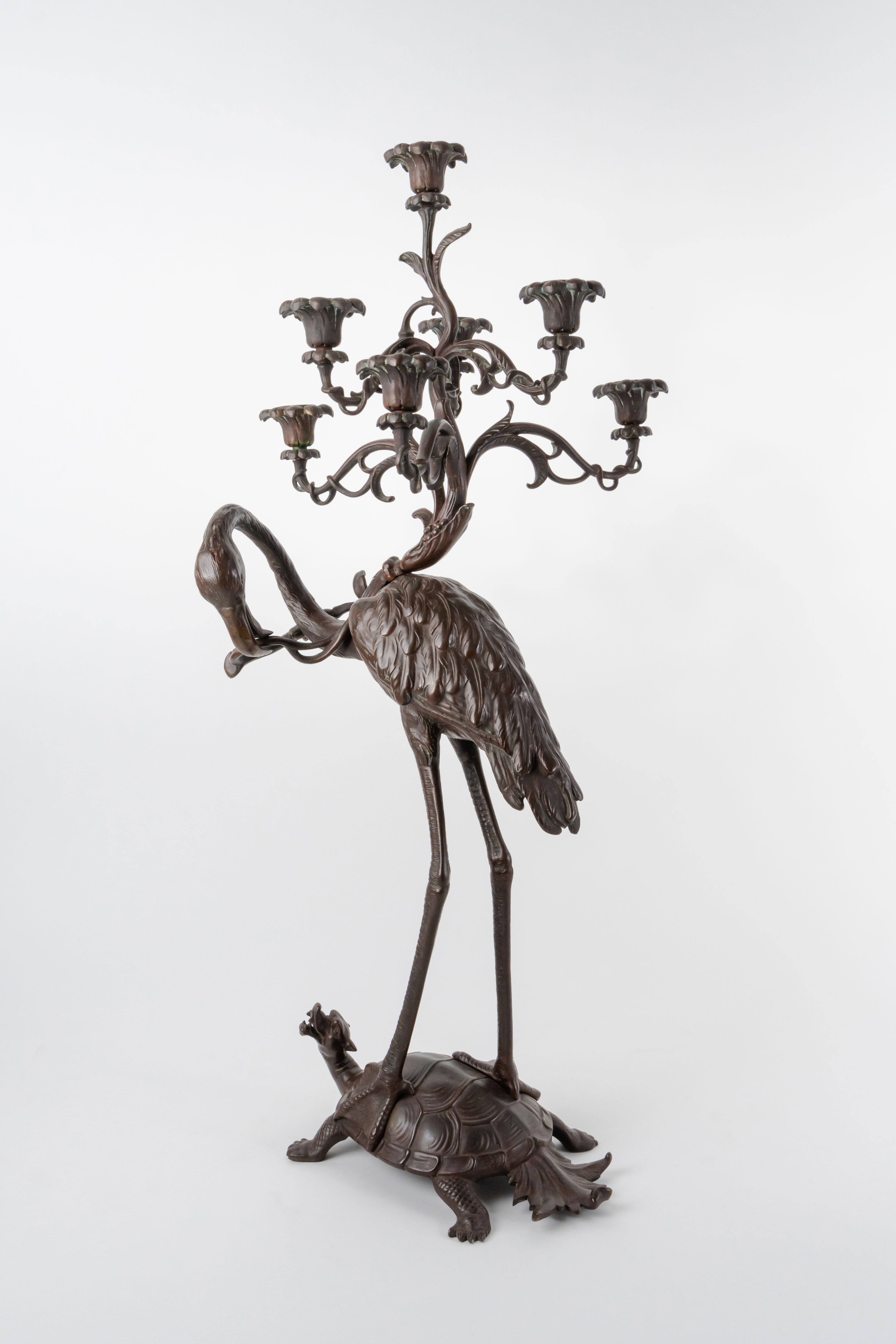 A Pair of French Japonaise Patinated Bronze Seven Light Candelabras