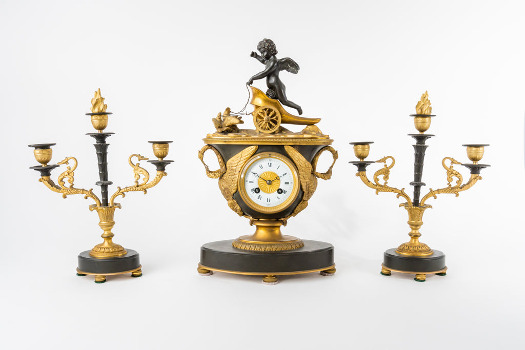 Early 19th C Patinated & Ormolu Empire Striking Mantel Clock Set Pendule Au Vase